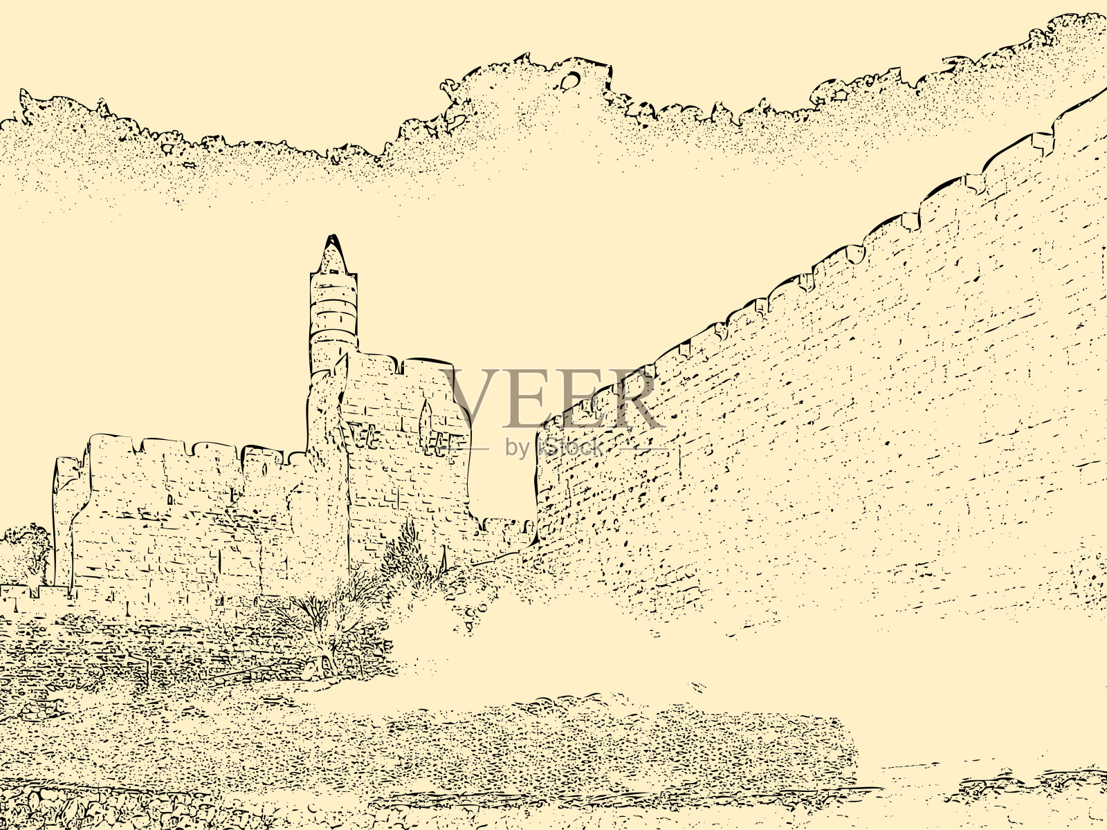 以色列耶路撒冷老城大卫塔铅笔画插画图片素材