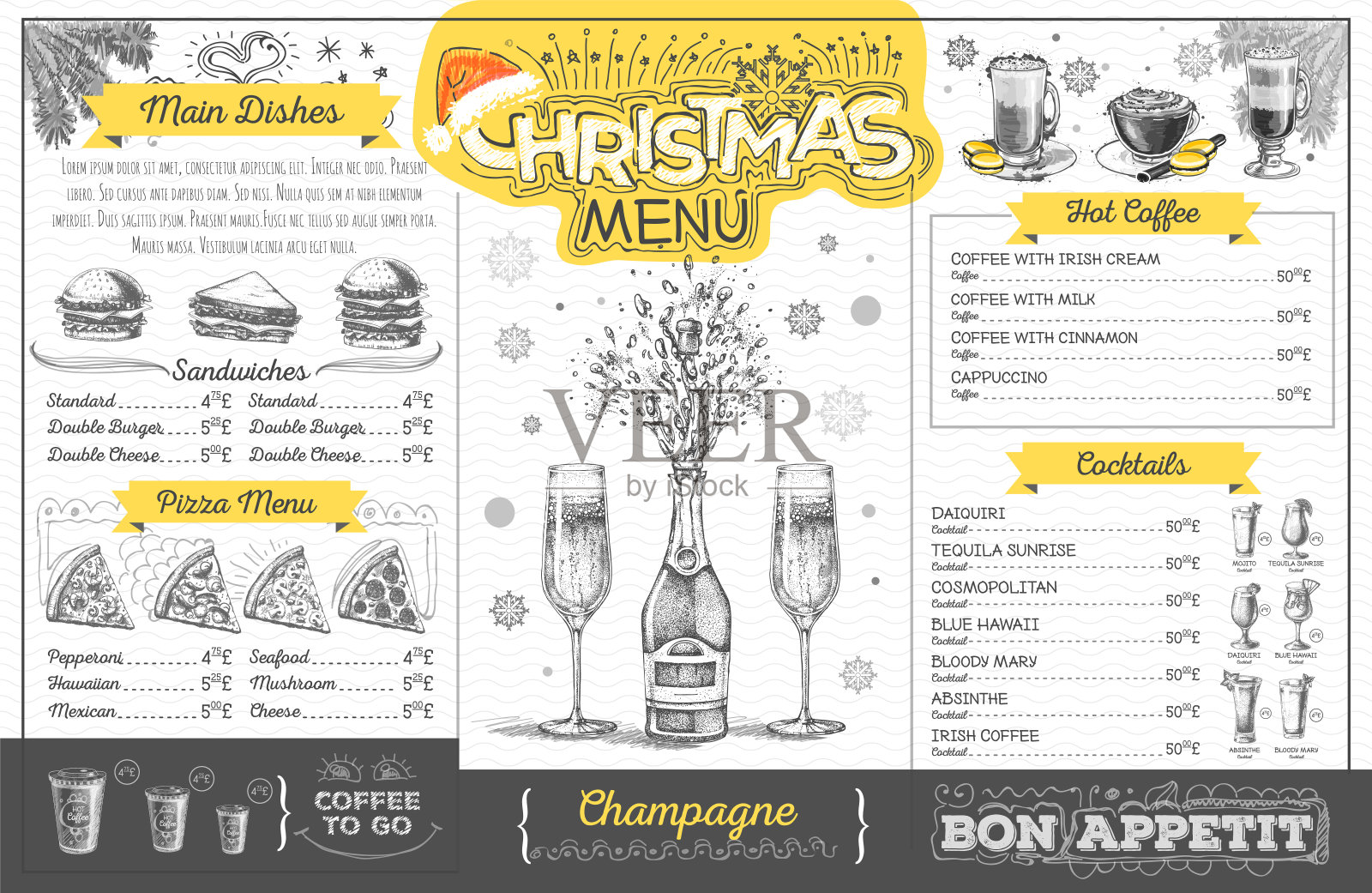 复古的假日圣诞菜单设计与香槟。餐厅的菜单设计模板素材