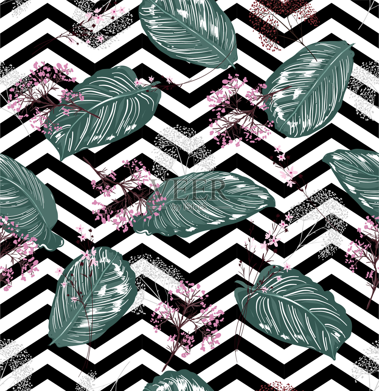 外来叶和花卉无缝图案，植物类插画图片素材