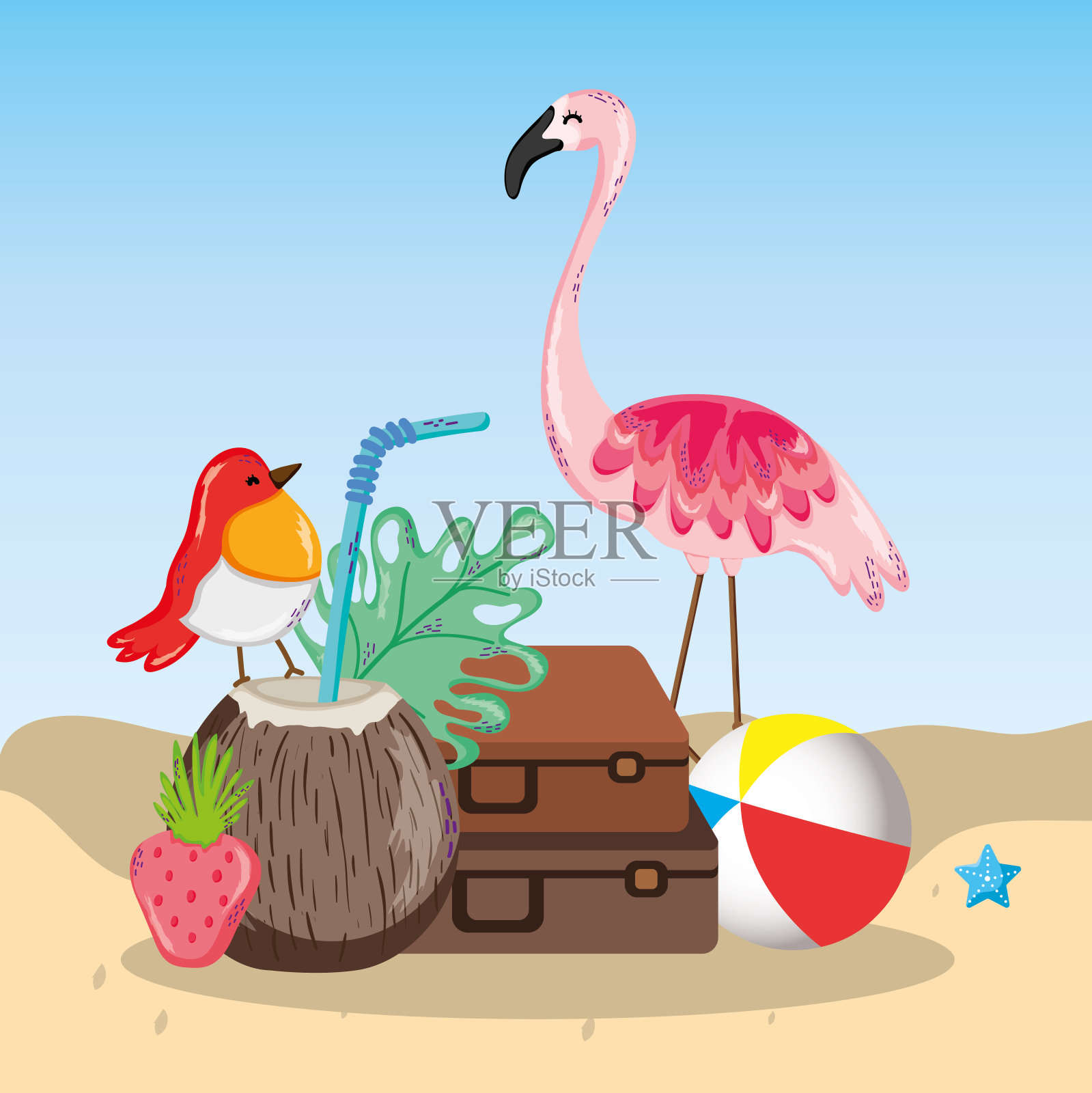 热带海滩风景主题卡通插画图片素材