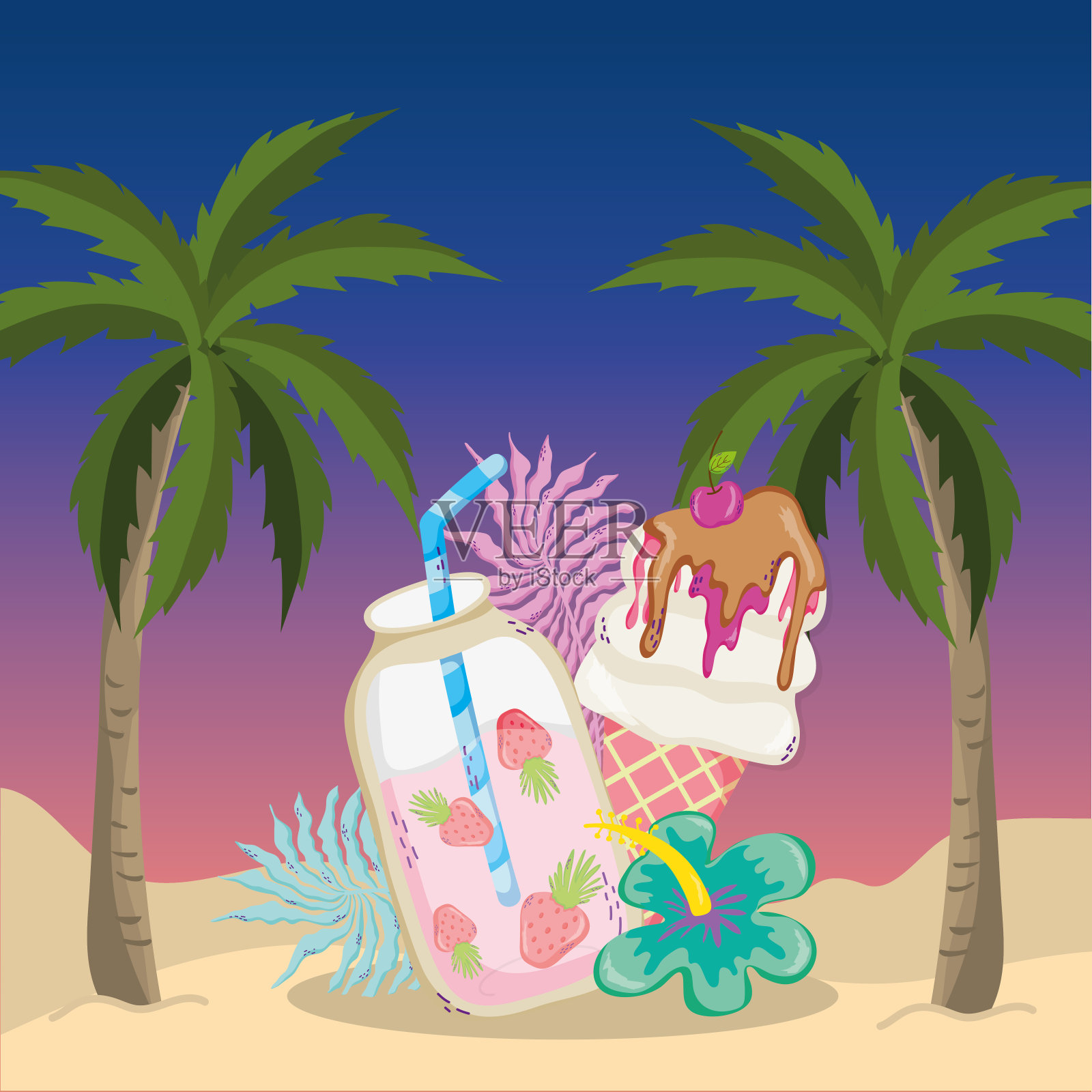 热带海滩风景主题卡通插画图片素材