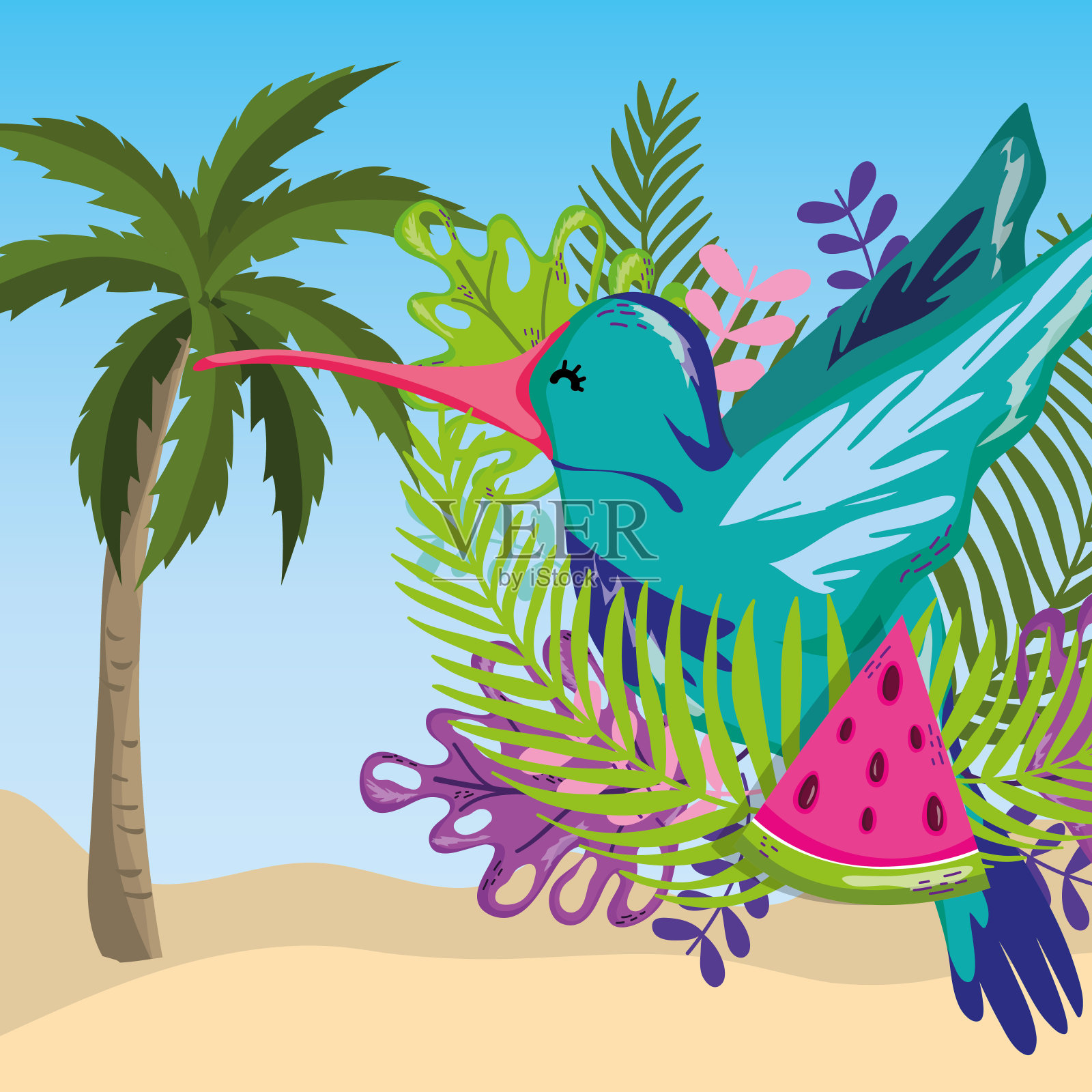 热带海滩风景主题卡通插画图片素材