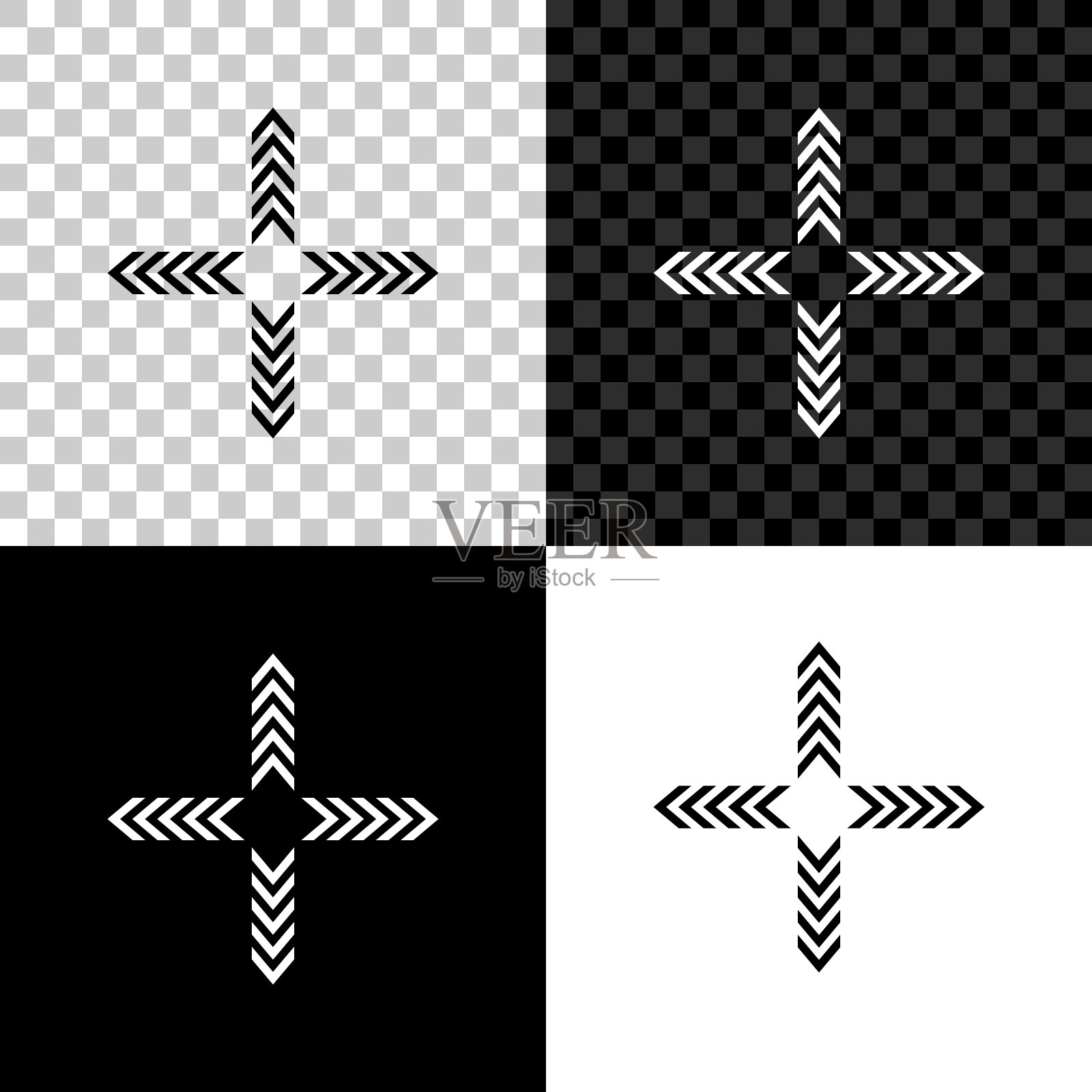 箭头在四个方向图标孤立的黑色，白色和透明的背景。矢量图图标素材