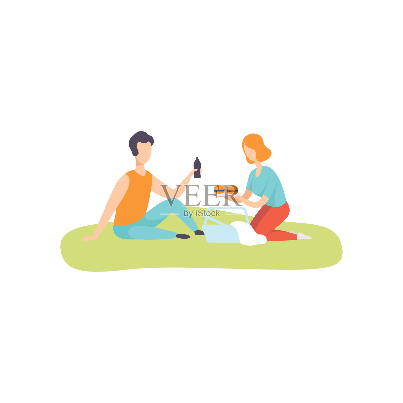 年轻的男人和女人吃汉堡和喝，浪漫的夫妇享受野餐在自然矢量插图插画图片素材