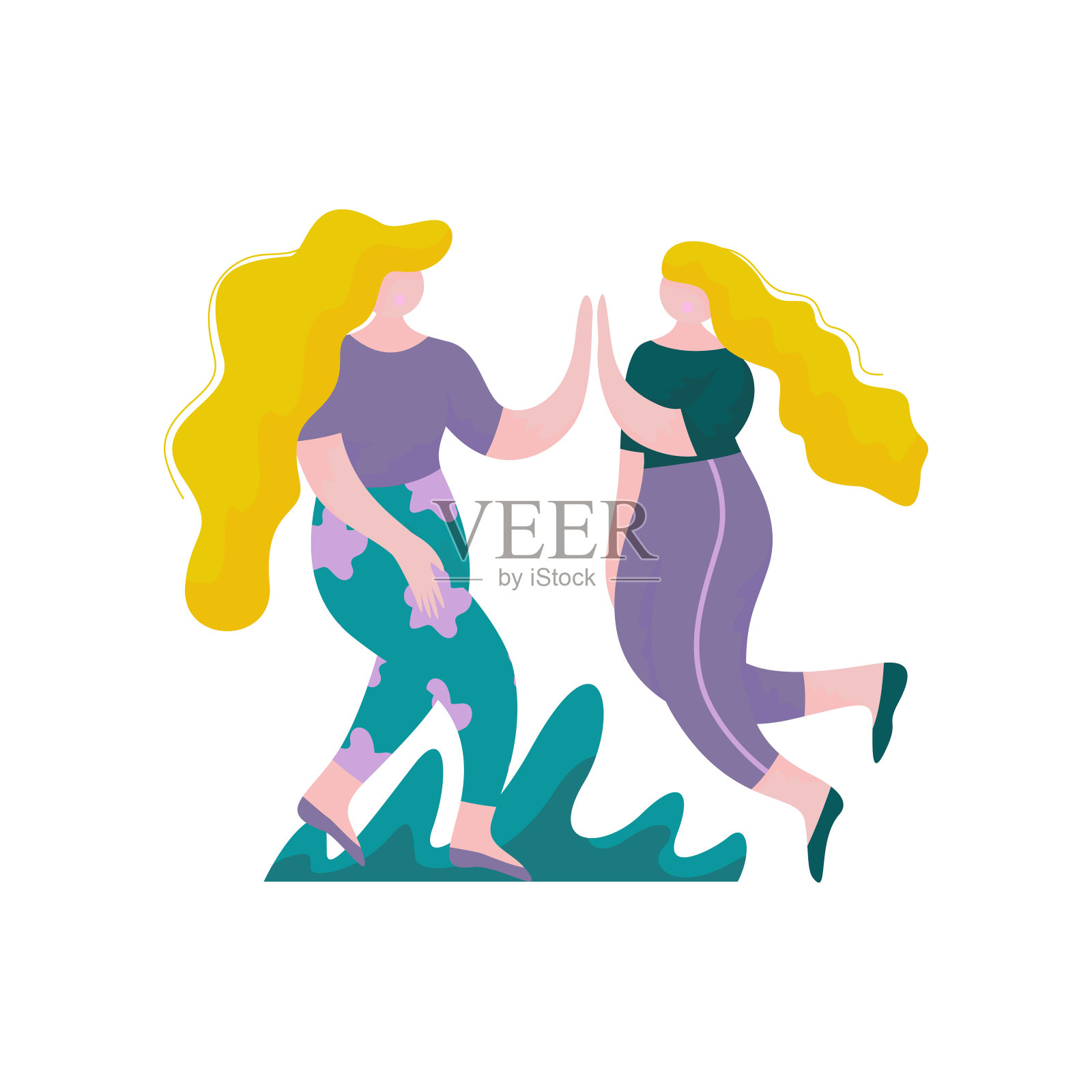 两个美丽的胖女孩与长头发跳和给对方击掌，女性角色有乐趣，人类互动，友谊，团队合作，合作矢量插图插画图片素材