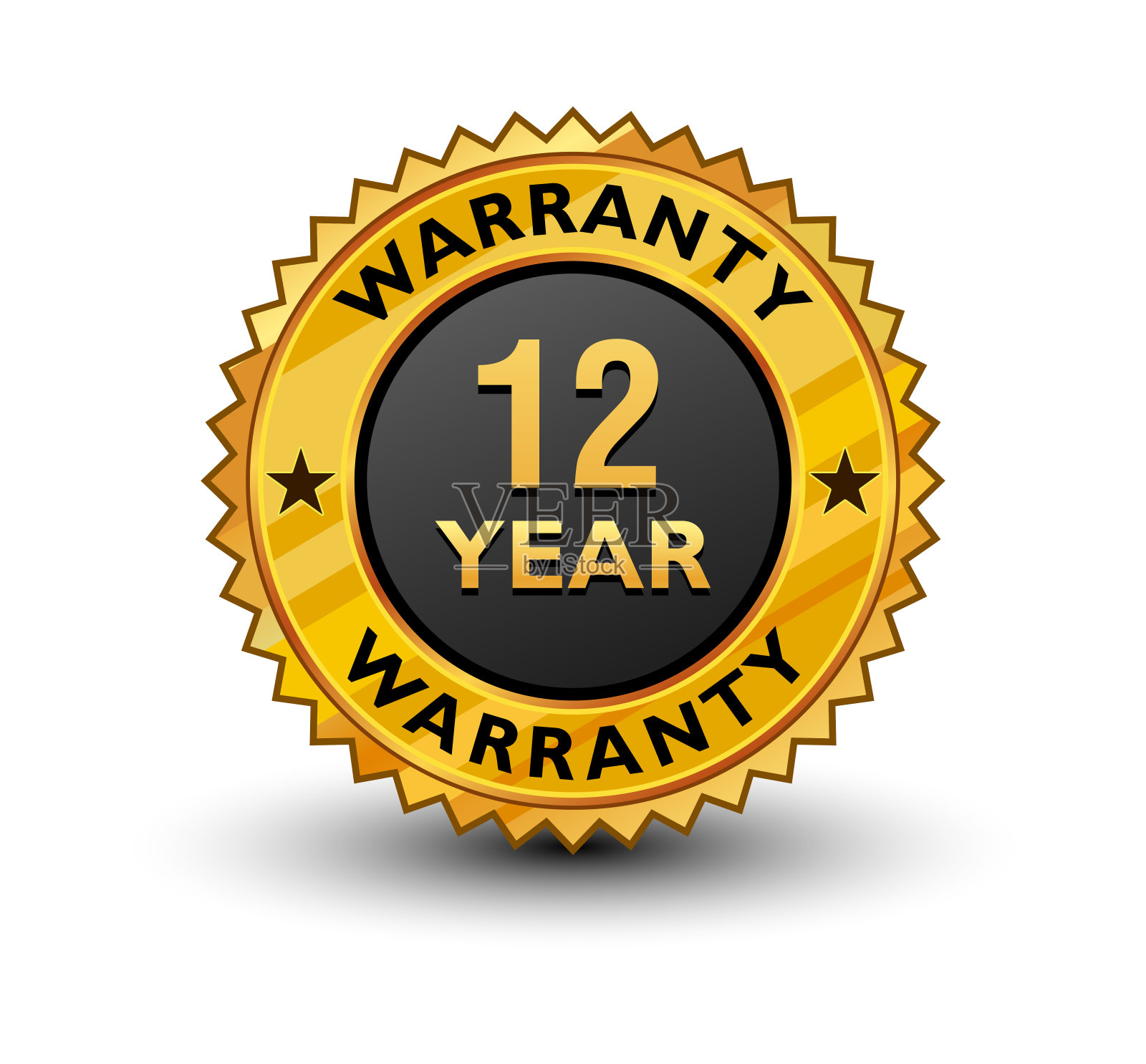 坚固有力的金色12年保修徽章，签字，盖章，盖章，标签隔离在白色背景上。设计元素图片
