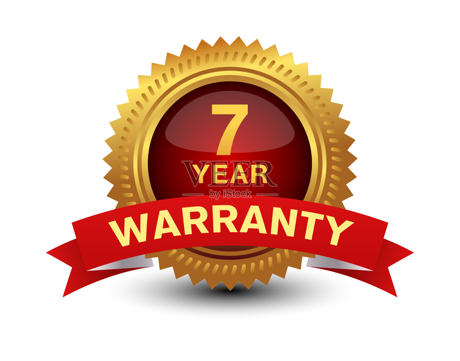 7年保修金红色印章，印章，徽章，印章，标志与红丝带隔离在白色背景上。插画图片素材