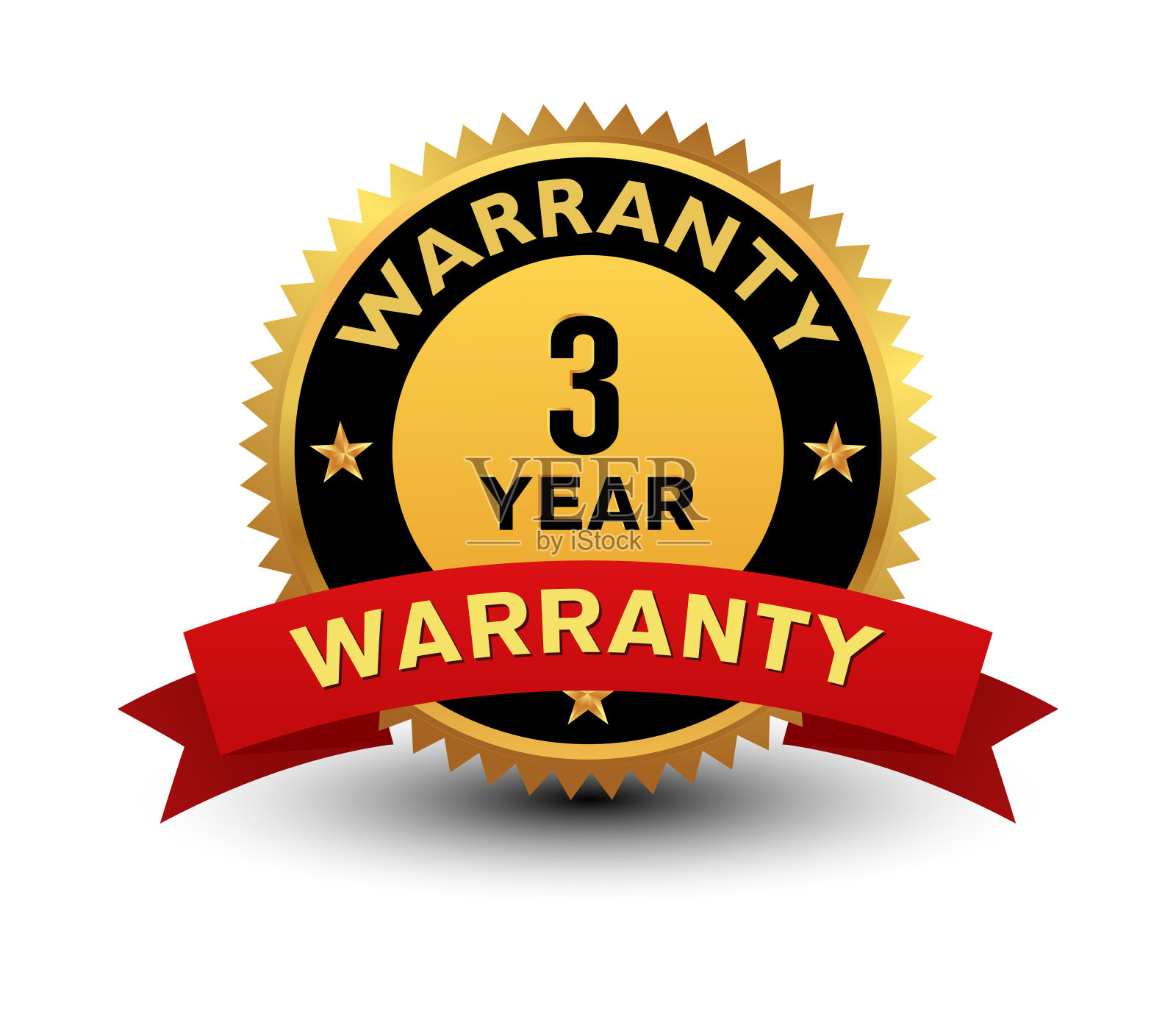 重强大的高品质金质三年质保徽章，印章，印章，标志与红色丝带隔离在白色背景。设计元素图片