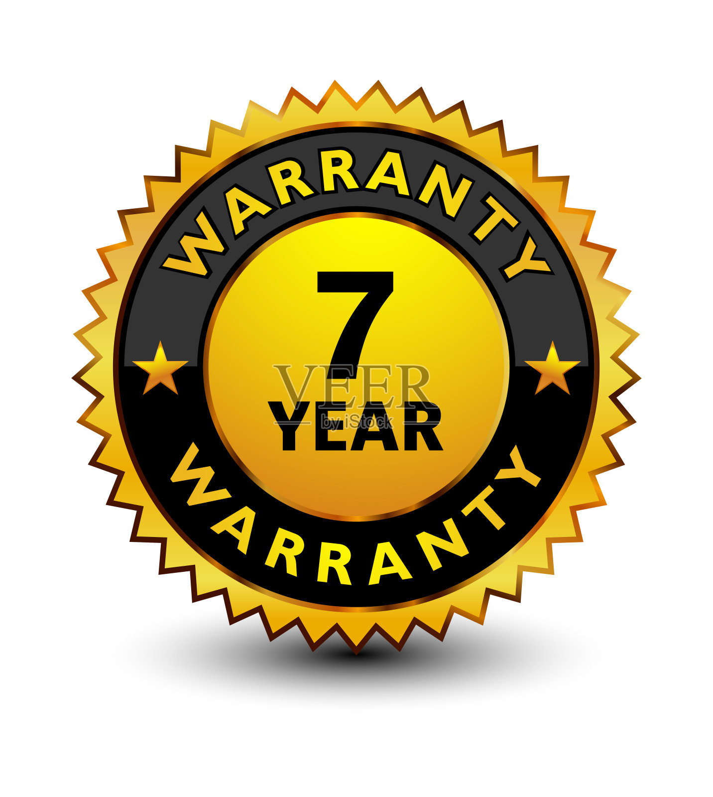 强大的金色7年保修徽章，邮票，印章，标志，标签隔离在白色背景上。插画图片素材