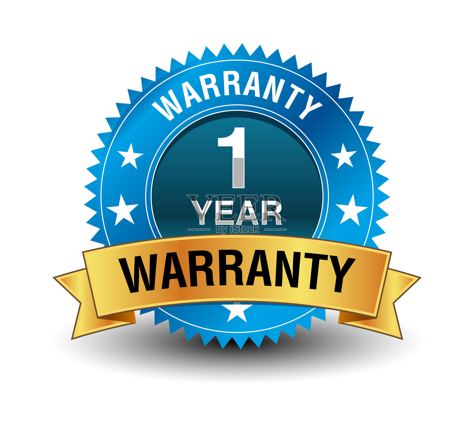 蓝色强大的1年保修徽章与金色丝带。设计元素图片