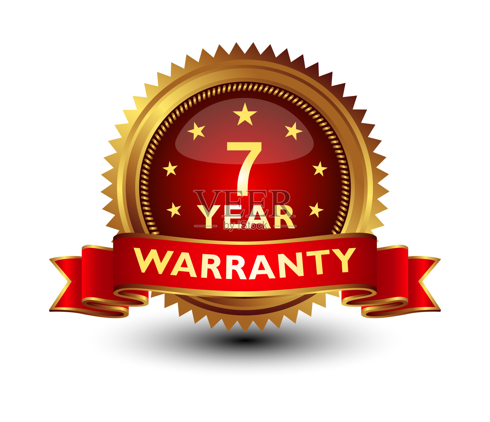 庄严，强大，高质量的7年保修徽章，标志，印章与红色华丽缎带在顶部孤立在白色背景。插画图片素材