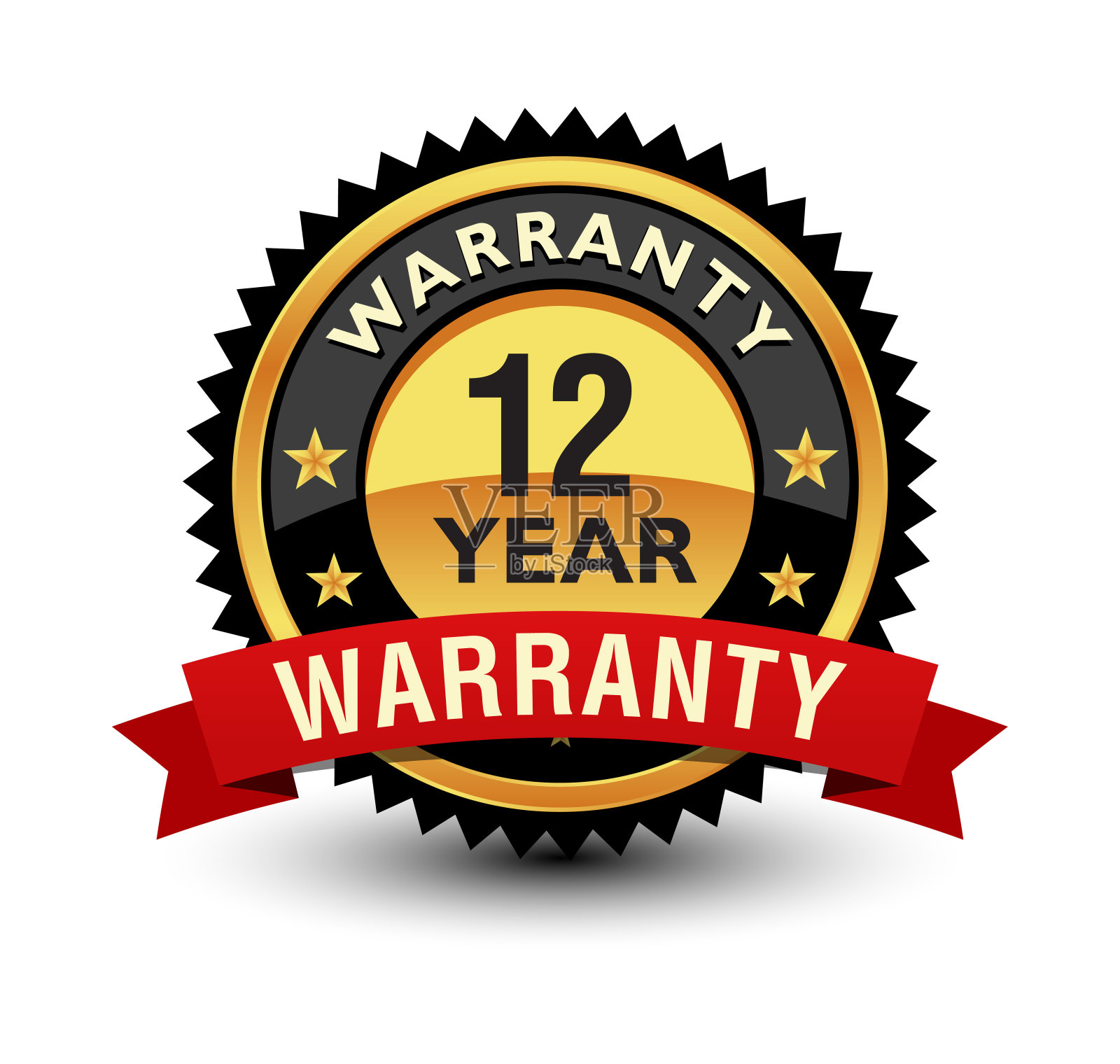 强大的12年质保徽章，标志，标签，密封与红色丝带顶部。设计元素图片