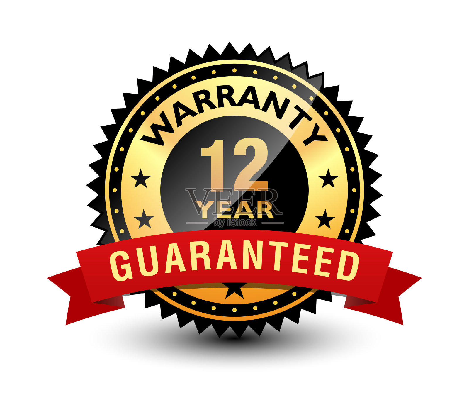 强大的12年质保徽章，印章，签名，印章，标签与红色丝带顶部。孤立在白色背景上。设计元素图片