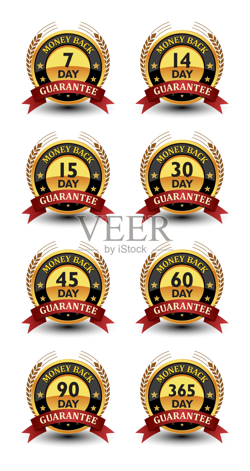 强大的退款保证徽章，印章，标志，标签集红丝带和月桂后面孤立的白色背景。插画图片素材
