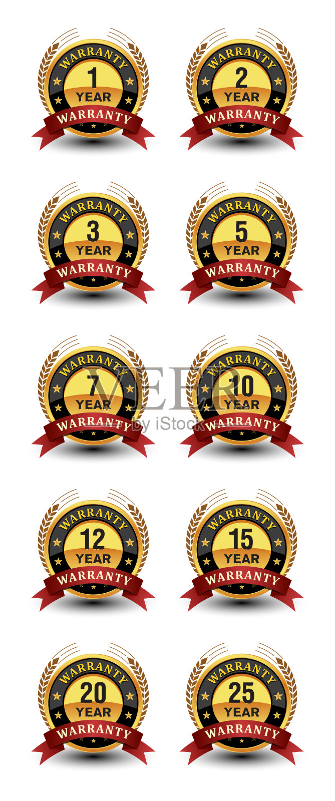 强大的年保修徽章，印章，标志，标签设置与红丝带和月桂后面孤立的白色背景。设计元素图片