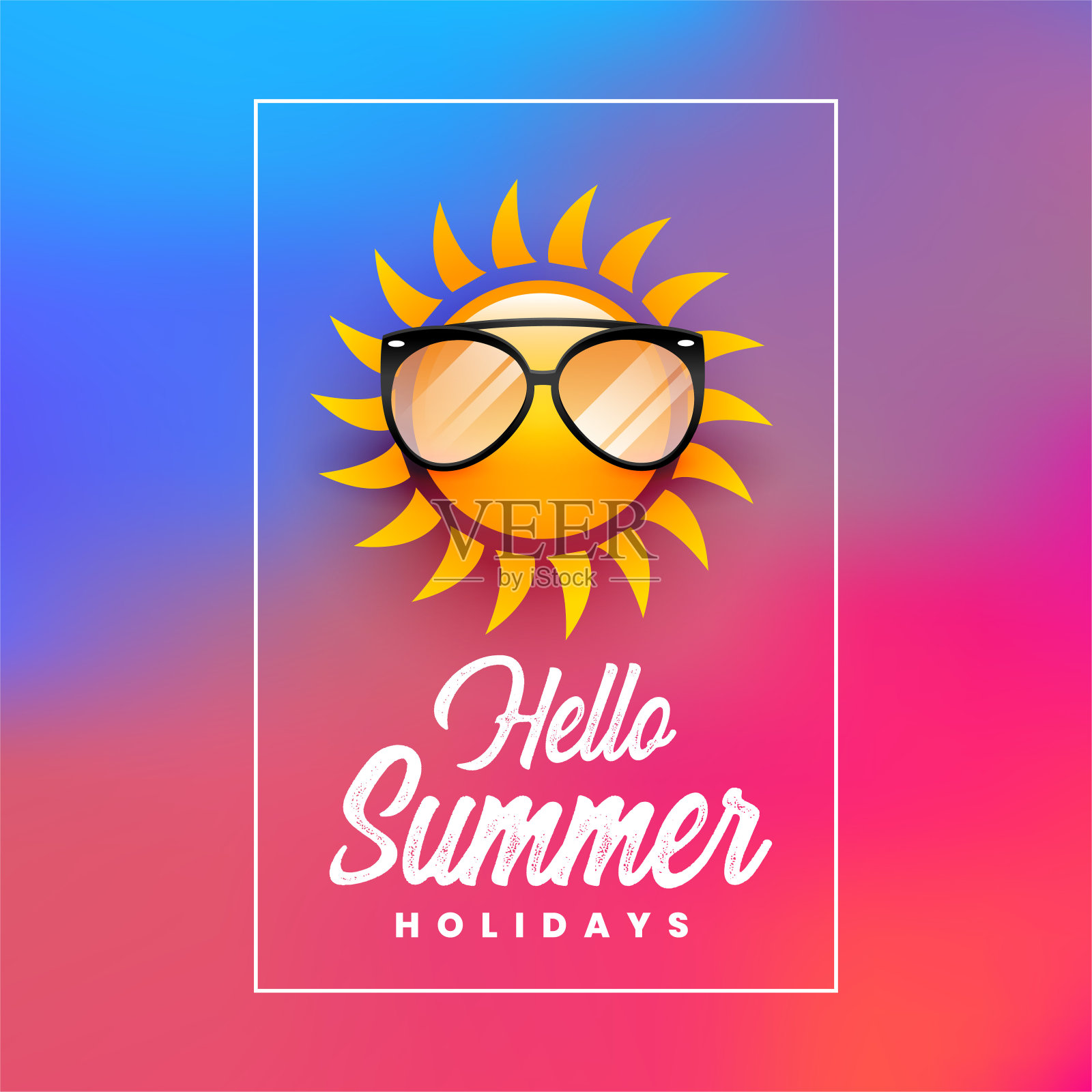 Hello暑假海报与太阳戴太阳镜插画图片素材