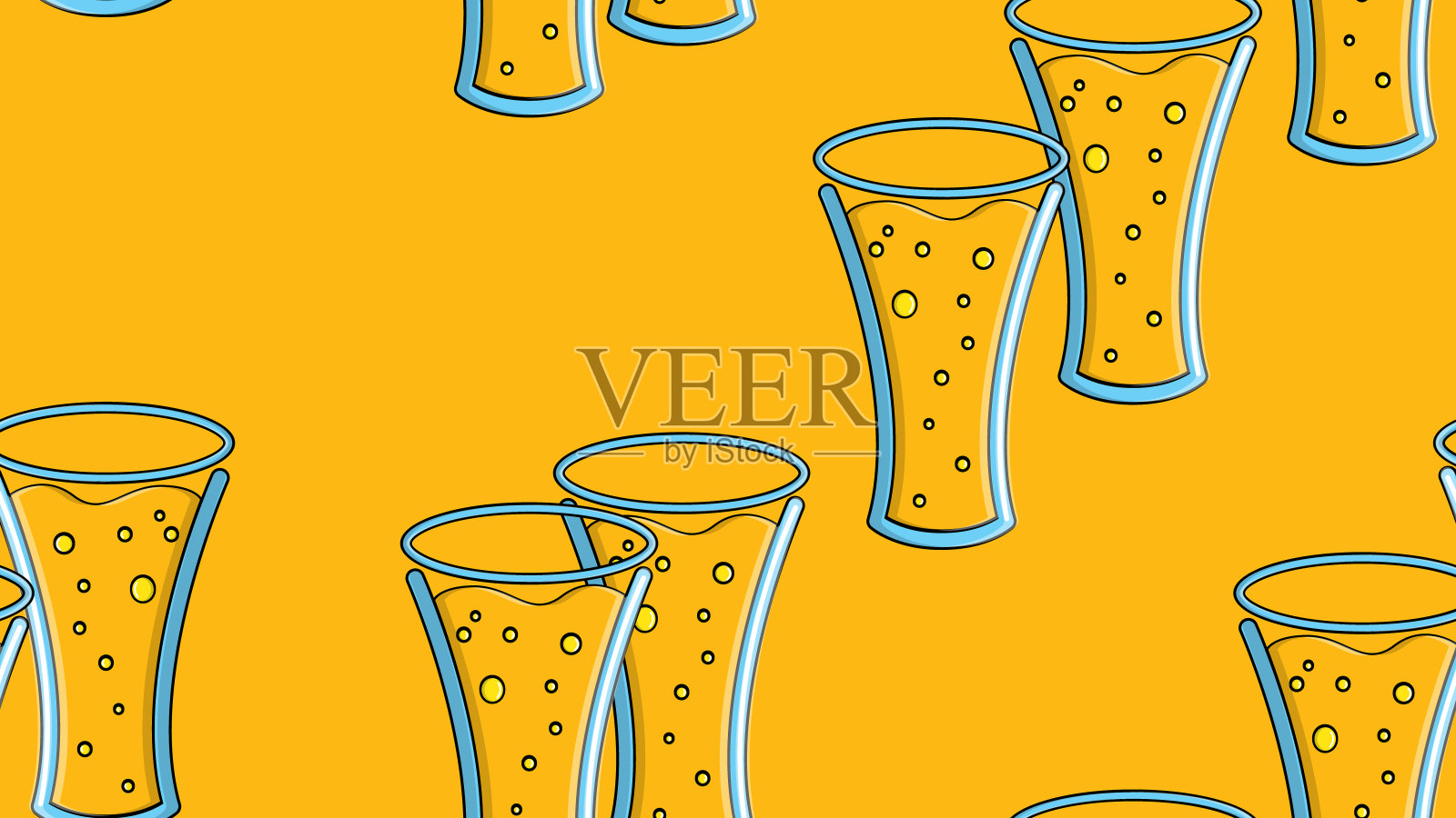 无缝图案的黄色酒精啤酒杯玻璃杯与啤酒泡沫啤酒花啤酒花麦芽工艺啤酒在一个黄色的背景为圣帕特里克节。矢量图插画图片素材