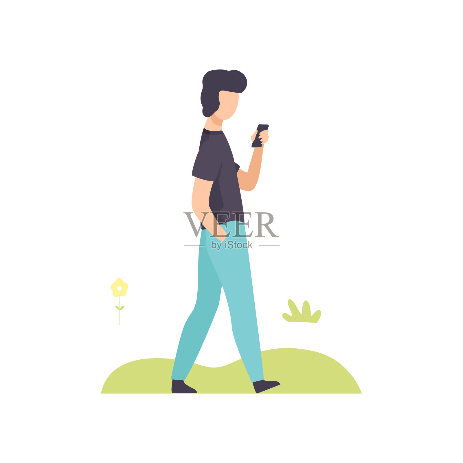 年轻人与智能手机在公园散步，盖伊放松和享受自然户外矢量插图插画图片素材