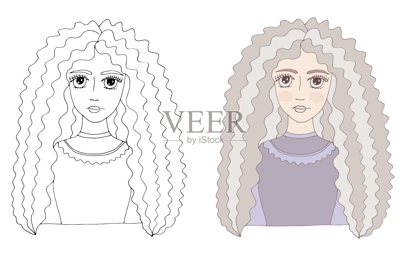 画像年轻美丽的女孩与长发着色页插画图片素材