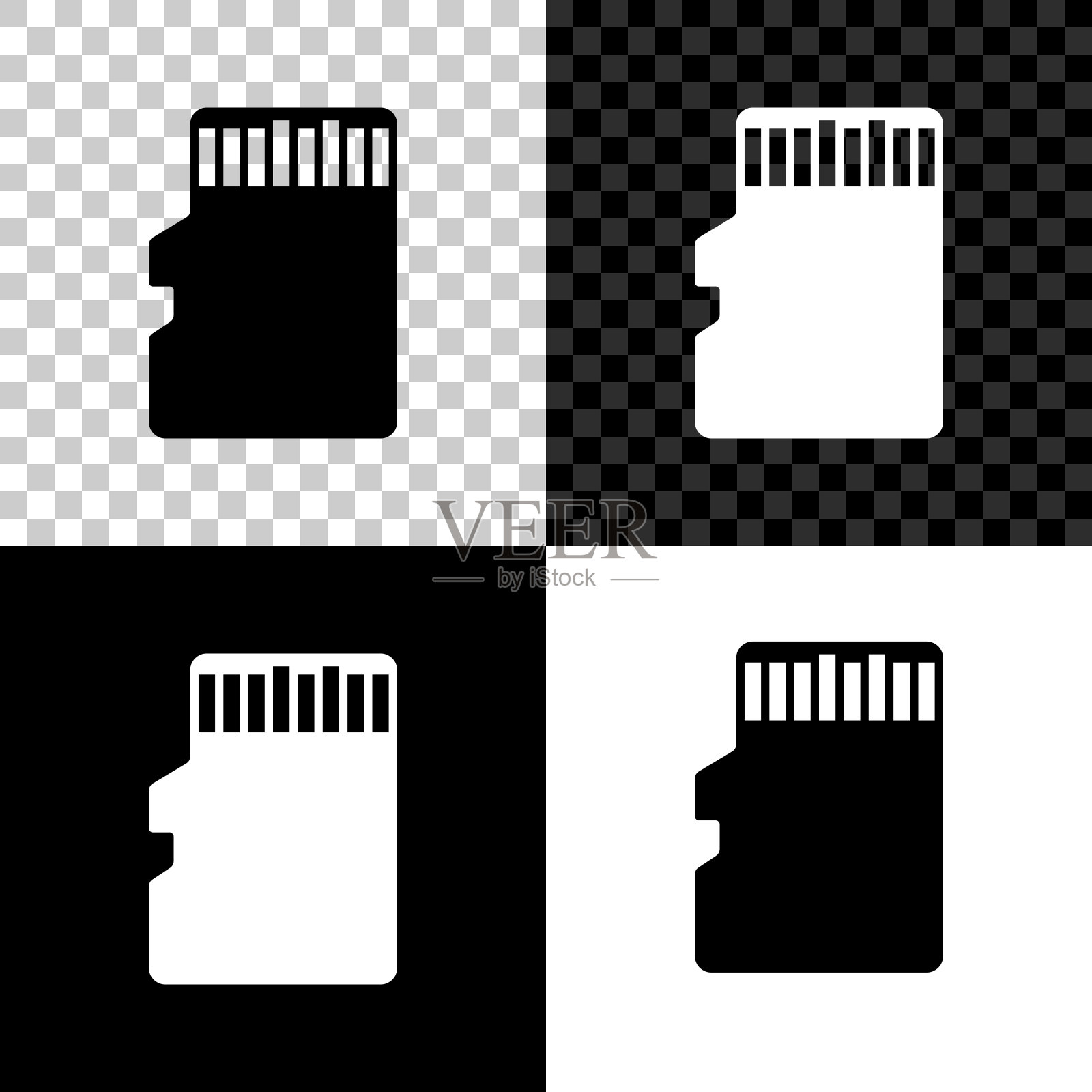 Micro - SD存储卡图标隔离在黑色，白色和透明背景上。矢量图图标素材