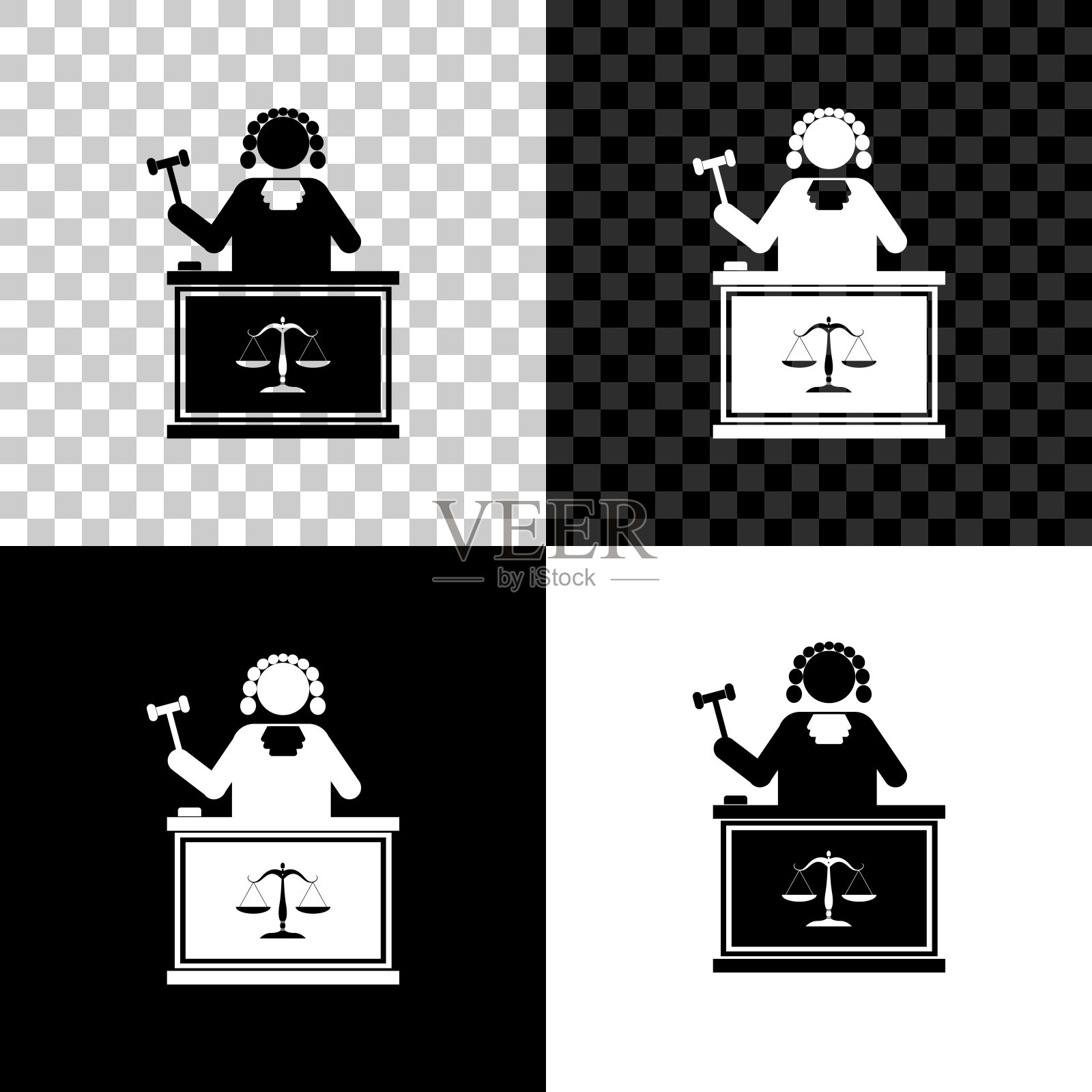 桌子上带有法槌的法官图标，隔离在黑色、白色和透明背景上。矢量图插画图片素材