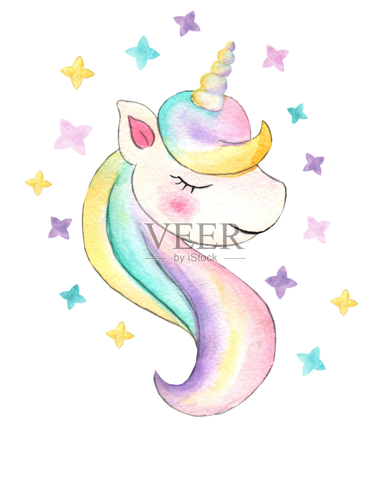 独角兽。美丽的水彩独角兽插图。神奇新潮的卡通马完美的苗圃印刷和海报设计。设计的孩子。为宝宝送礼会打印。设计元素图片