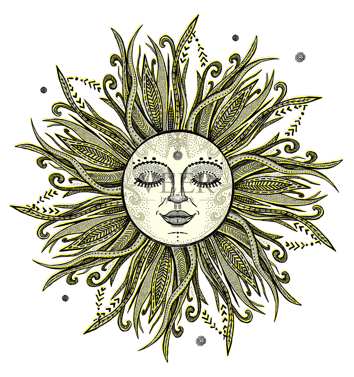 太阳纹身草图，手绘插图插画图片素材