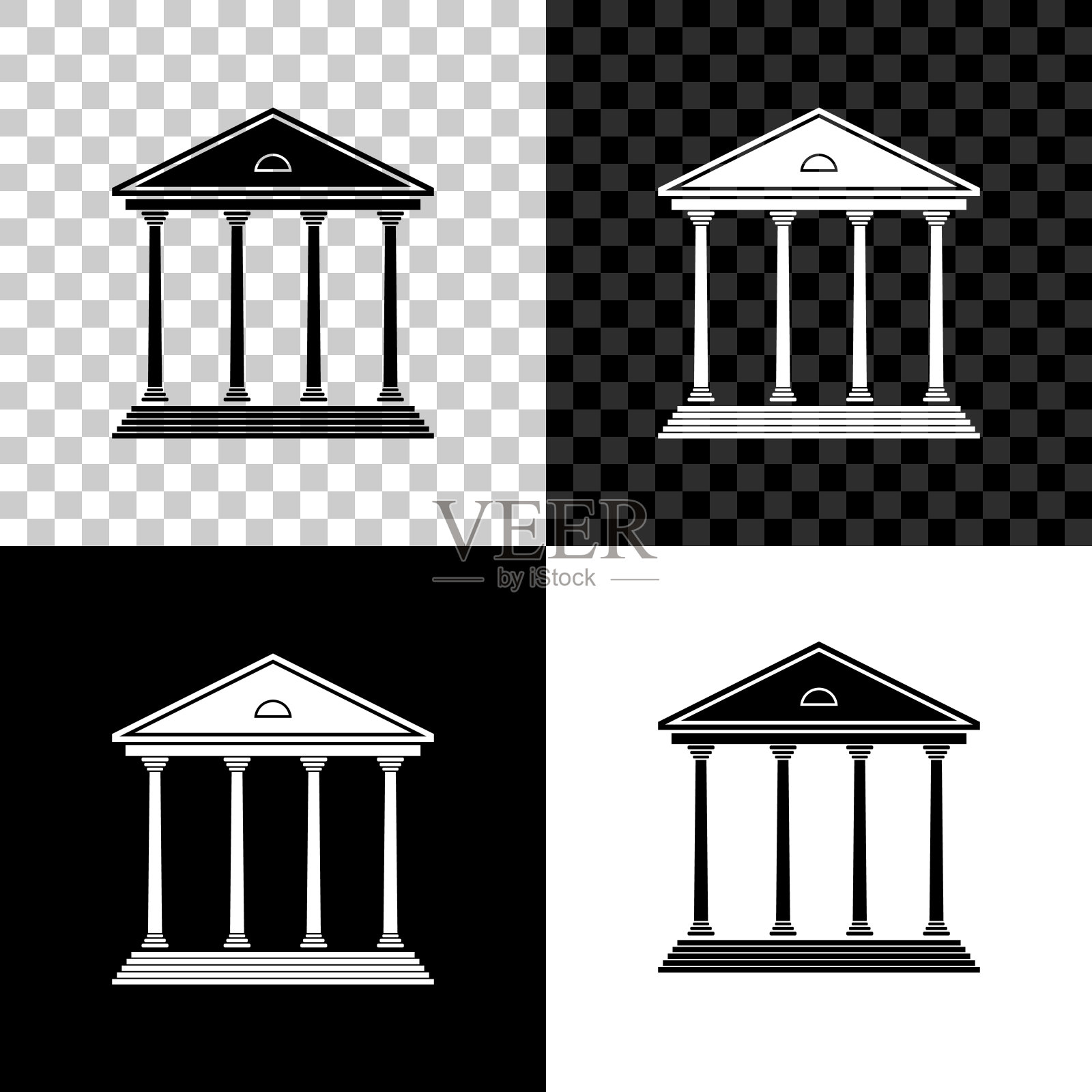 法院大楼图标孤立在黑色、白色和透明的背景上。建造银行或博物馆。矢量图插画图片素材