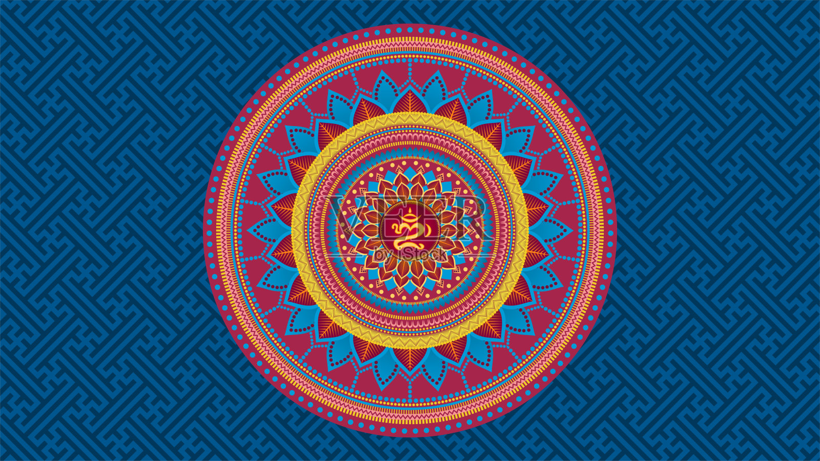 全彩曼陀罗艺术与巴厘岛Omkara印度教符号设计插画图片素材