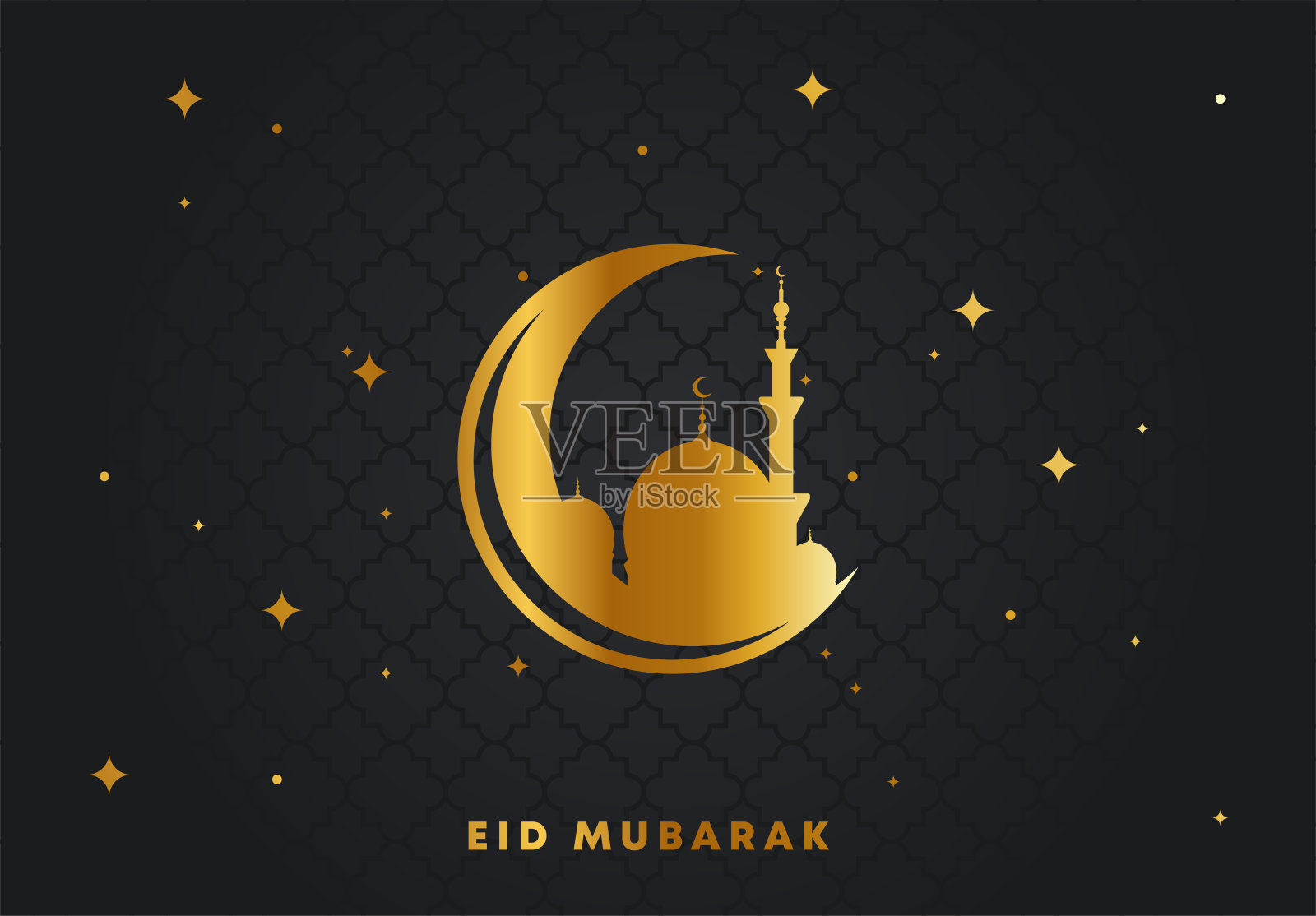 金色穆斯林新月与清真寺剪影的矢量插图，金色星星在黑色背景与穆斯林传统装饰设计模板素材