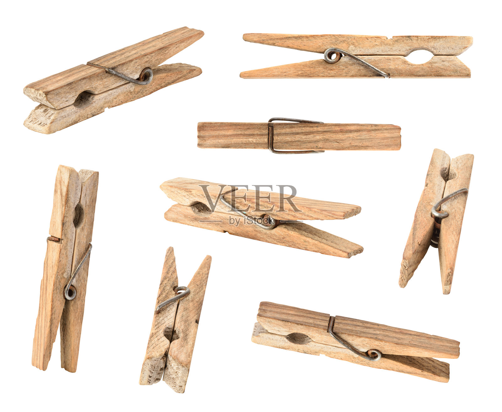 一套木制的布钉孤立在白色的背景照片摄影图片