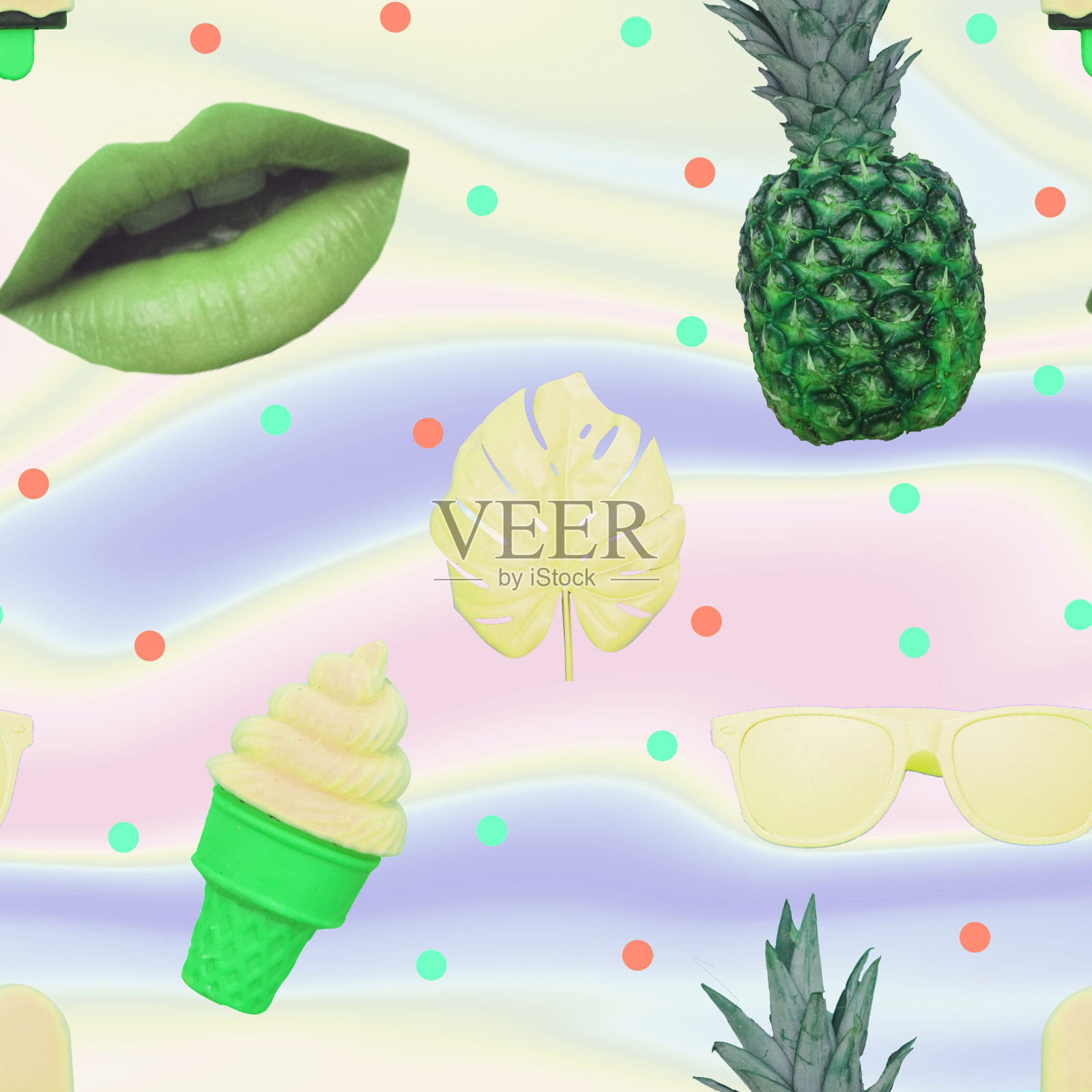 图案有冰淇淋、怪兽树叶、绿嘴唇、太阳镜和菠萝照片摄影图片