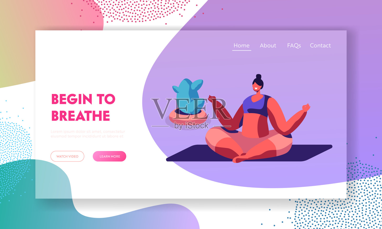 女孩冥想坐莲花姿势做瑜伽体式或有氧运动，体育生活活动，妇女健康的生活方式。网站登陆页，网页页。卡通平面矢量插图，旗帜插画图片素材