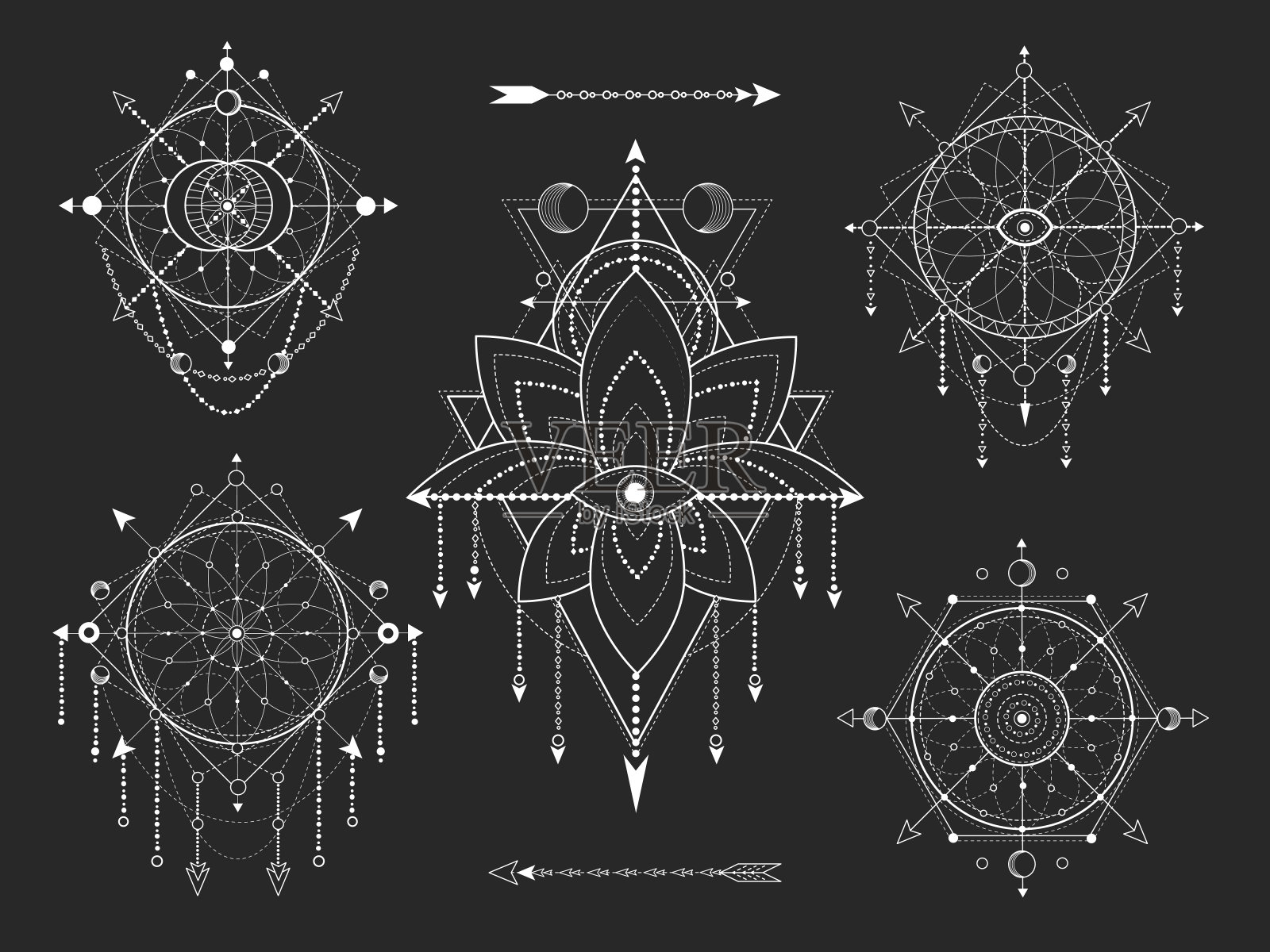 矢量工具包的神圣几何和自然符号的黑色背景。抽象神秘符号集合。插画图片素材