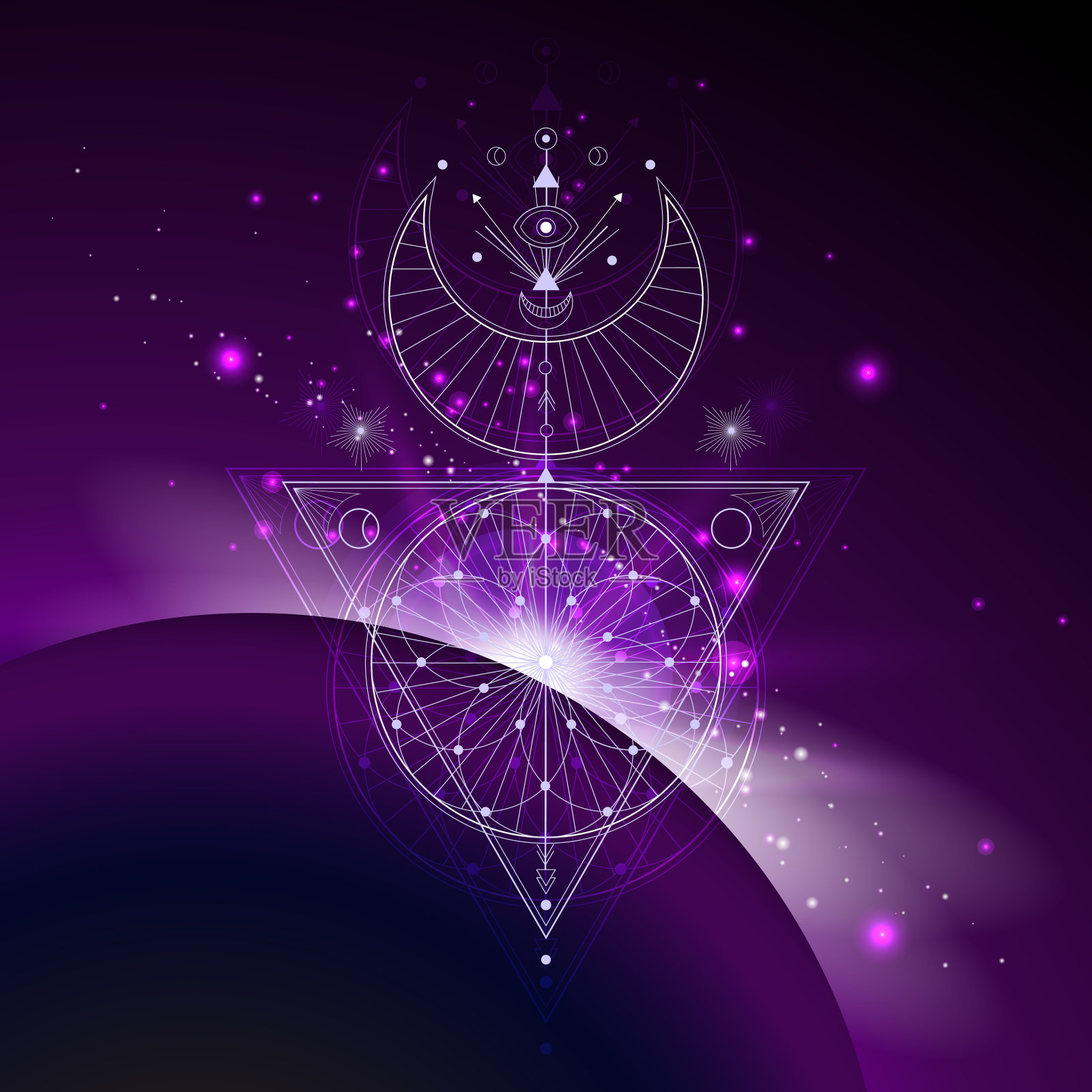 矢量插图的神圣或神秘符号与日出和星星的空间背景。插画图片素材