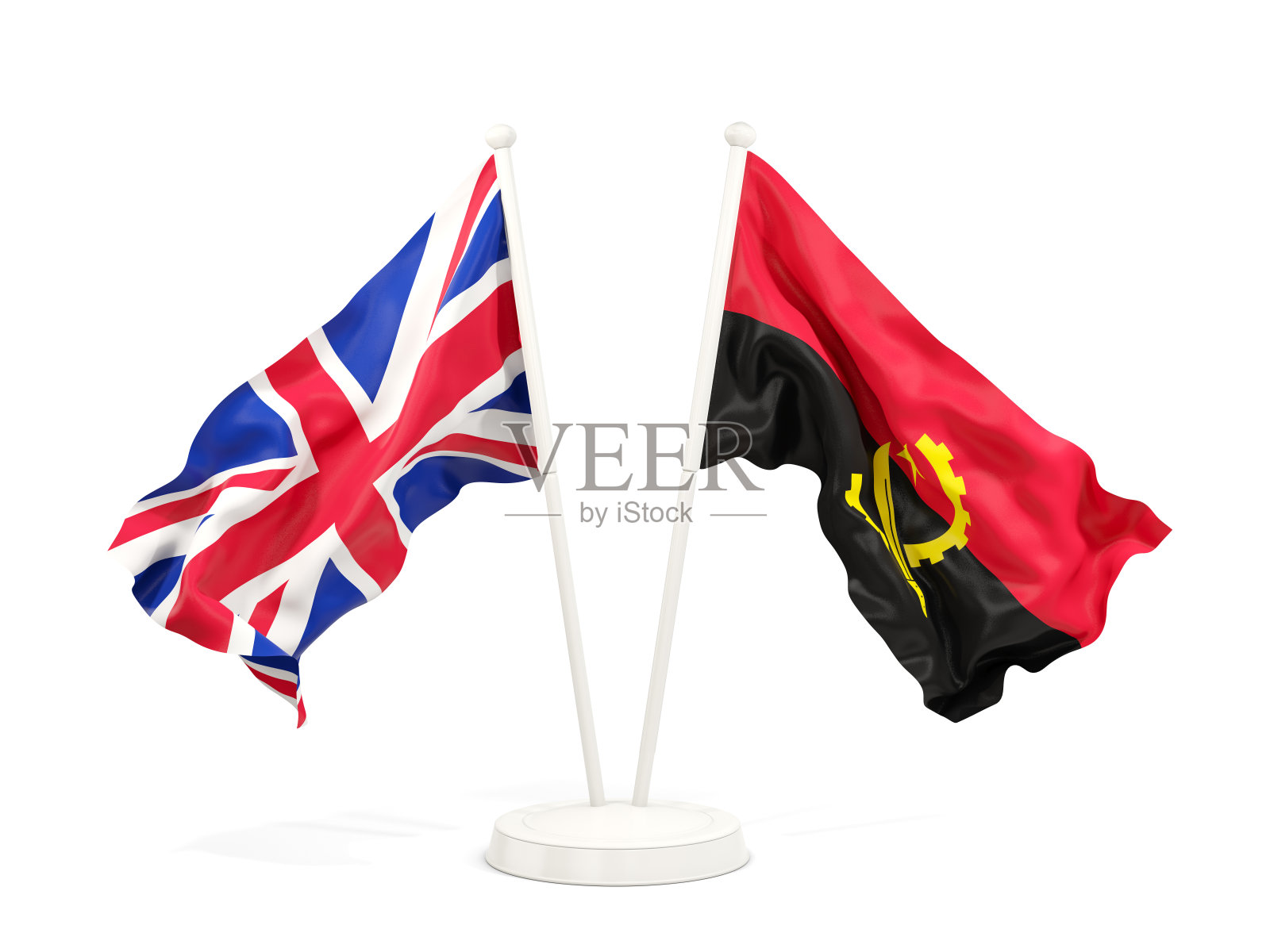 两面飘扬的英国和安哥拉国旗被孤立在白色上照片摄影图片