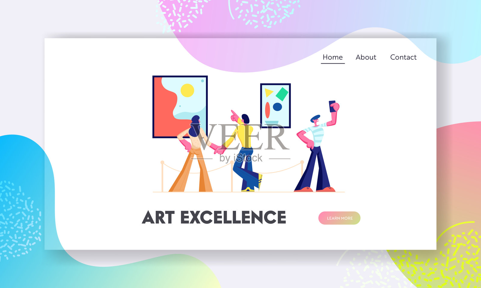 参观者在当代美术馆欣赏现代抽象画。在博物馆观看艺术品或展览的人们。网站登陆页，网页页。卡通平面矢量插图，旗帜插画图片素材