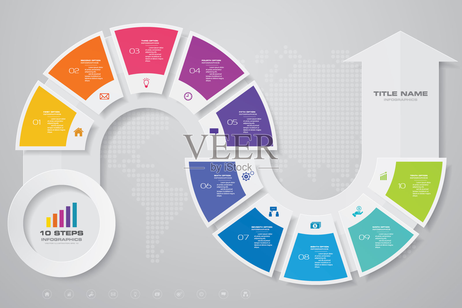 箭头信息模板的10步。为你的演讲做准备。每股收益10。插画图片素材