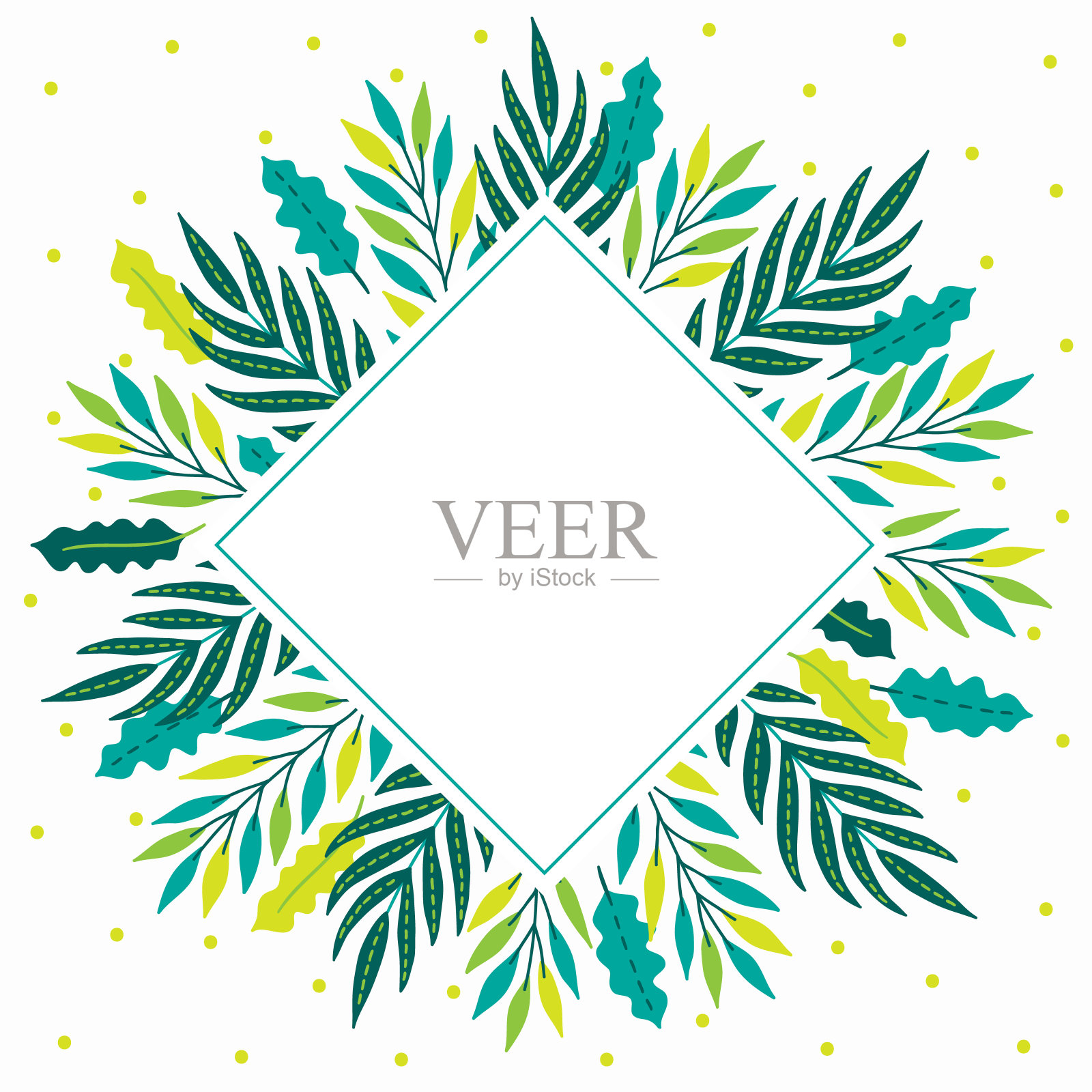 丛林贺卡与棕榈，热带树叶和菱形标签插画图片素材