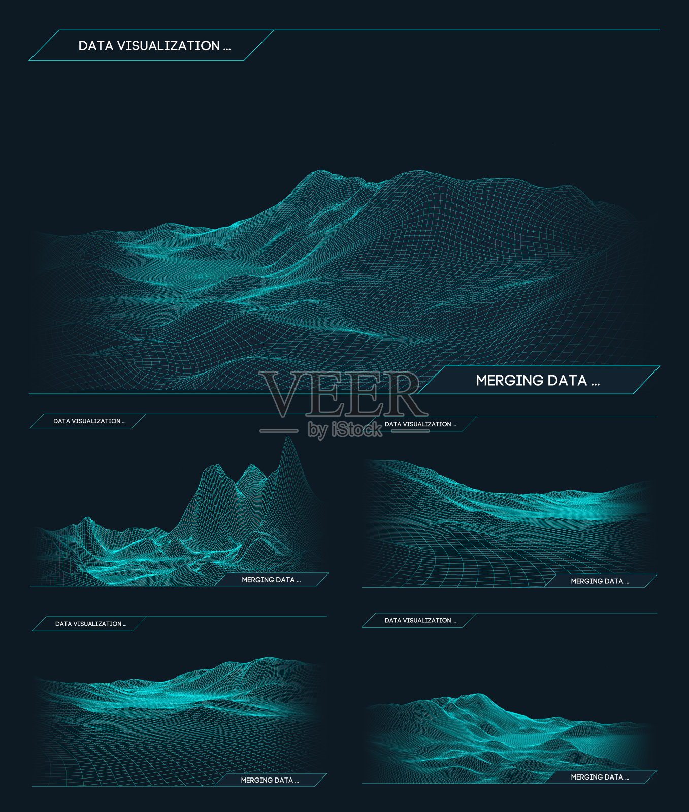 抽象矢量线框景观背景。网络空间网格。三维技术线框矢量图。数字线框景观演示。插画图片素材