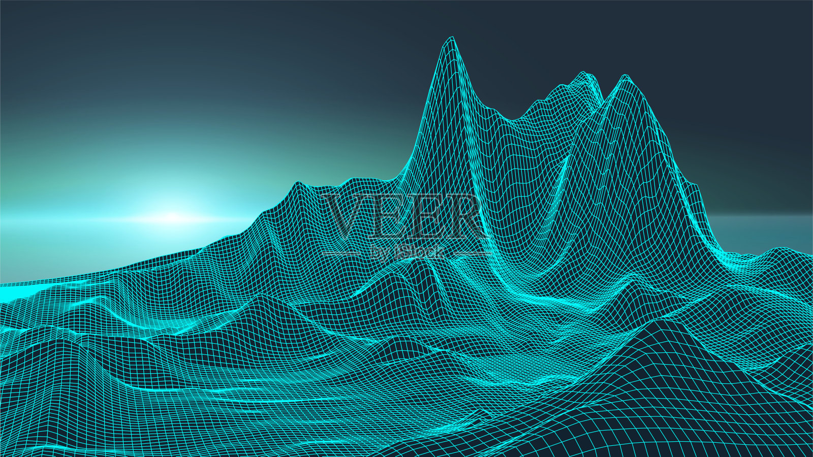 抽象矢量线框景观背景。网络空间网格。三维技术线框矢量图。数字线框景观演示。插画图片素材