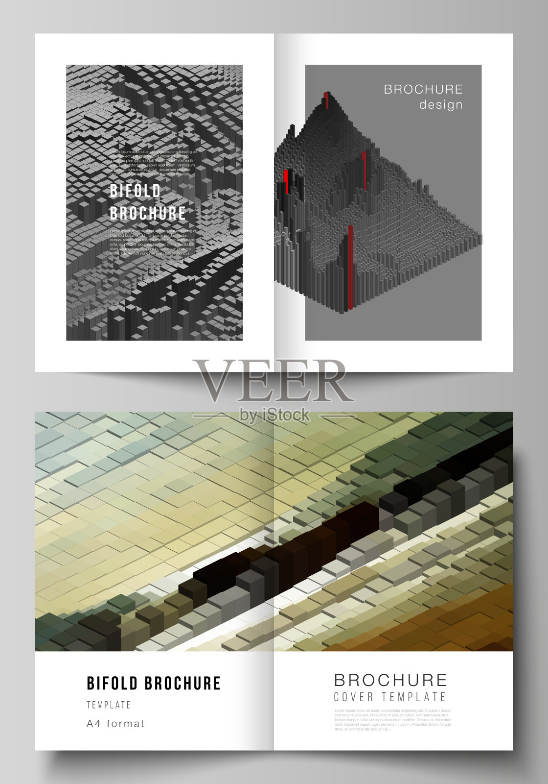 矢量布局的两个A4格式现代封面模型设计模板的双重小册子，传单，年度报告。大数据。动态几何背景。立方体图案设计，运动效果。3 d风格。插画图片素材