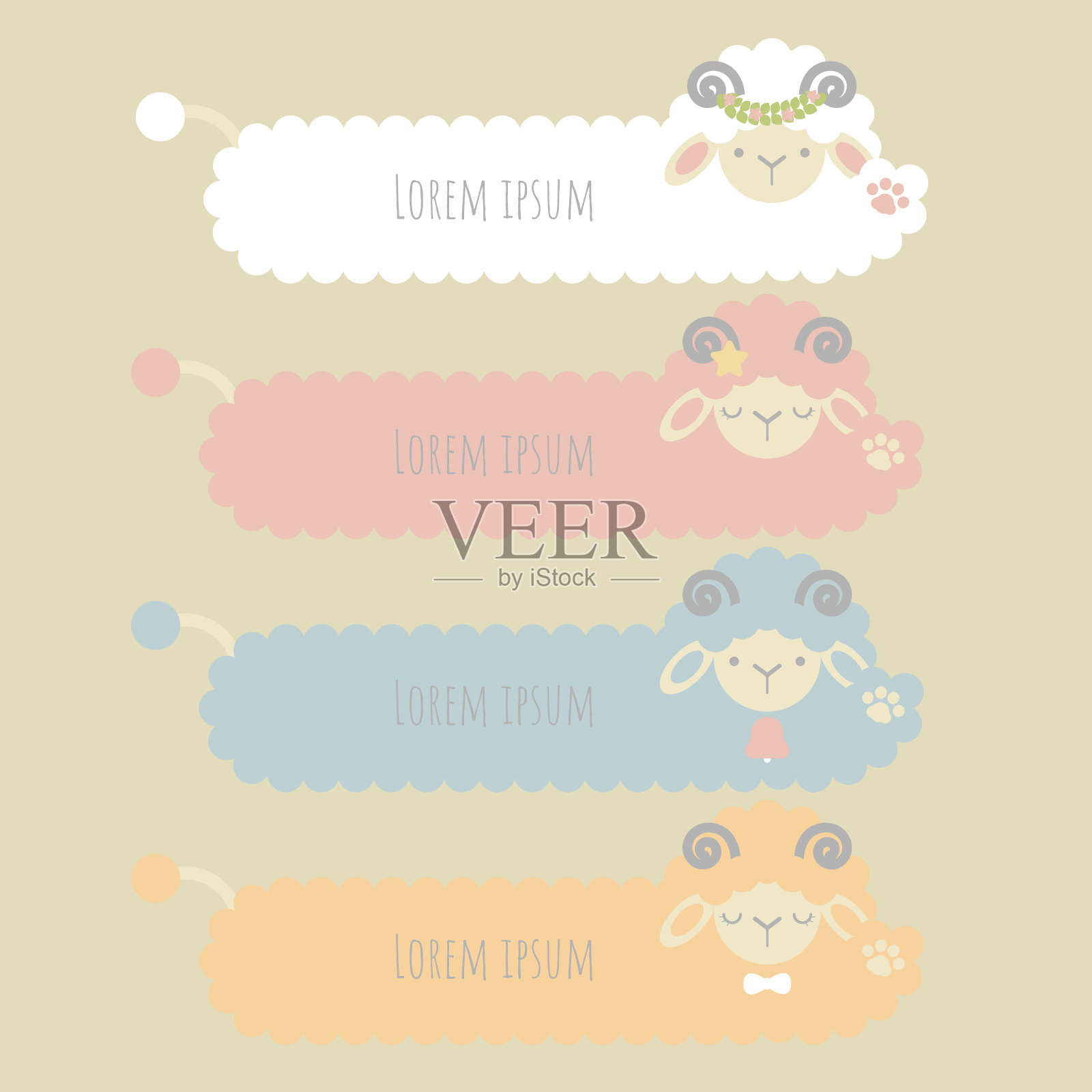 套可爱的动物宠物农场羊，彩色文本框，横幅，演讲气泡气球，思考，说话，说话，模板，艺术，平面，设计插画图片素材