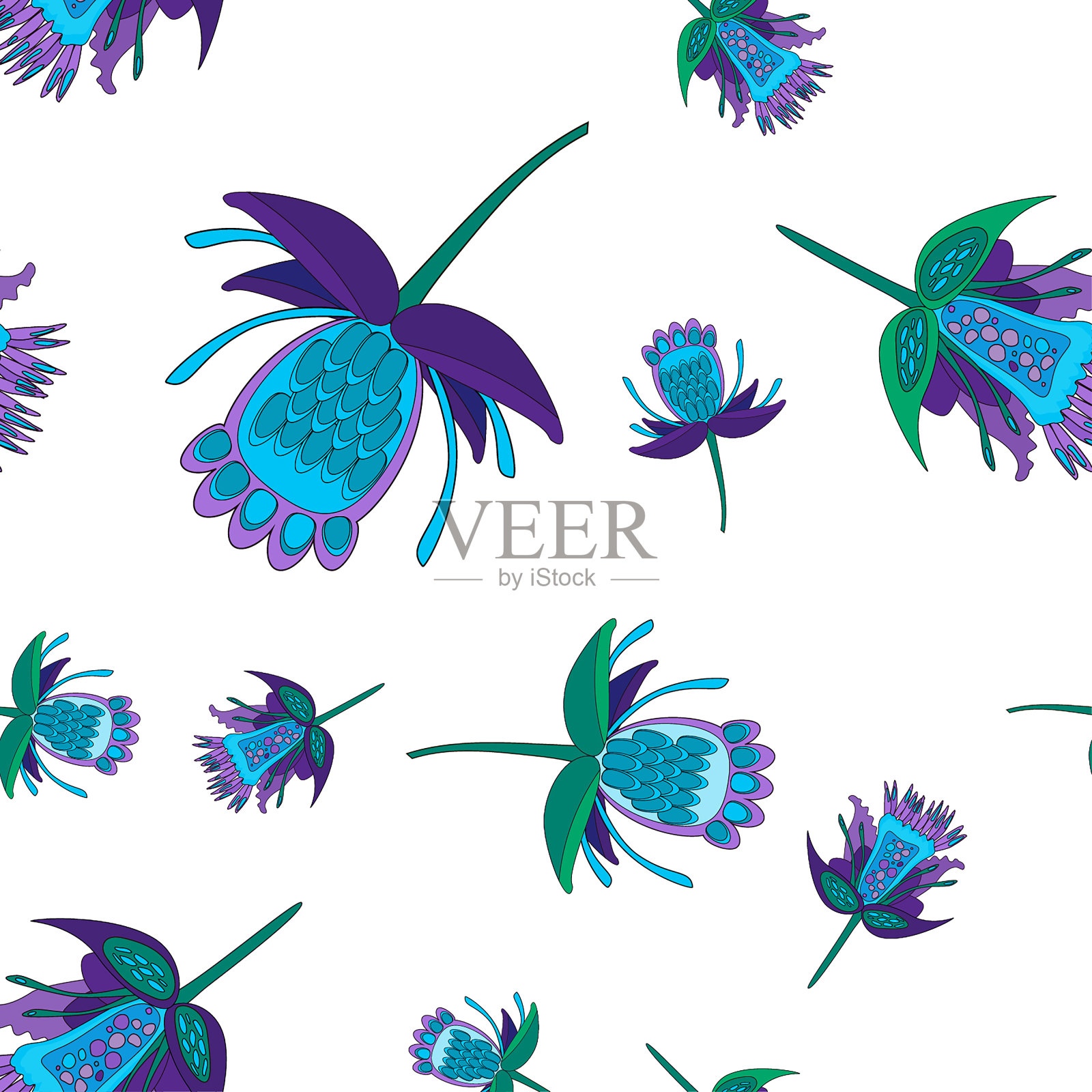 深蓝和绿色风格化的奇异花朵，无缝矢量图案。民间风格的装饰花插画图片素材