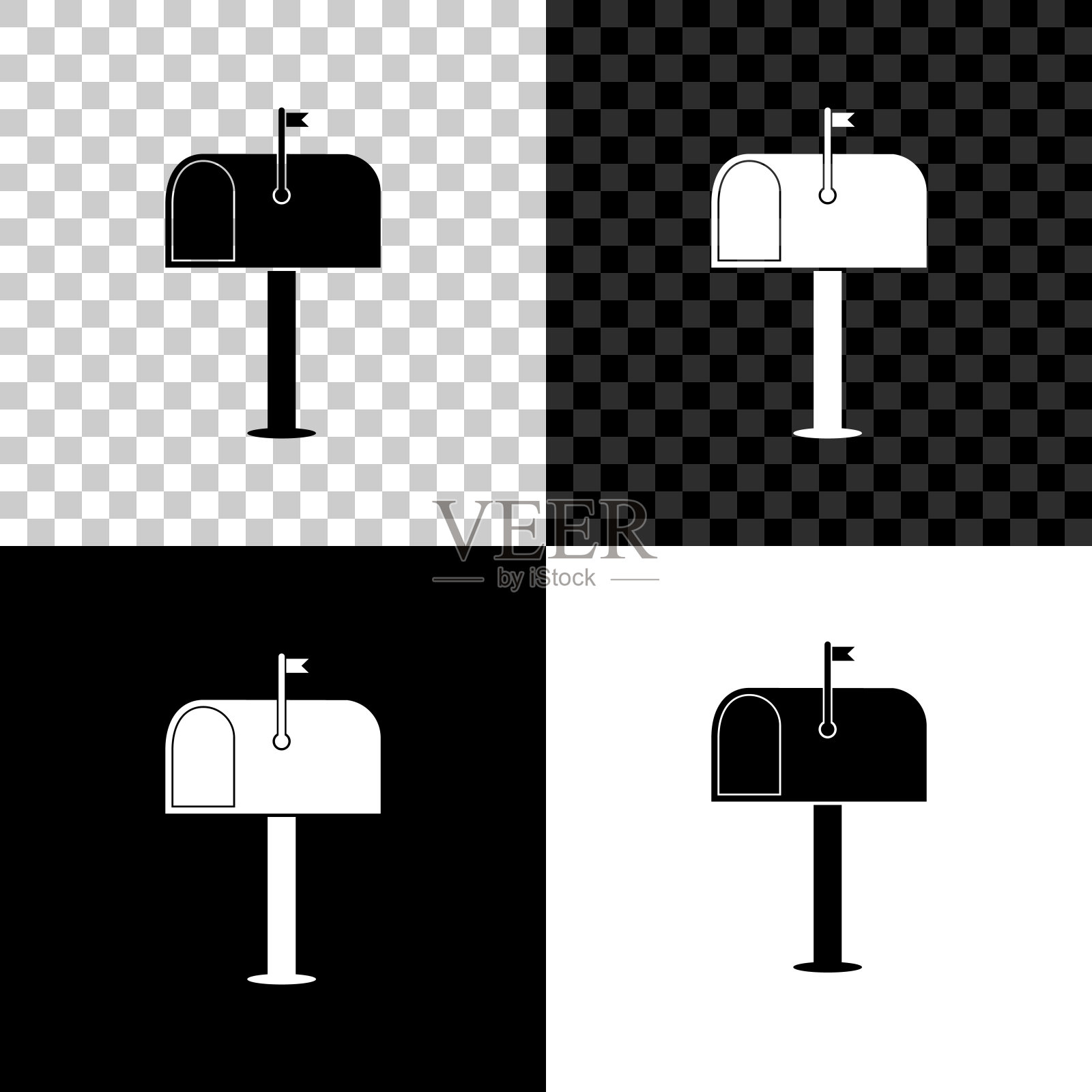 邮箱图标孤立在黑色，白色和透明的背景。邮箱图标。邮箱挂旗杆。矢量图图标素材