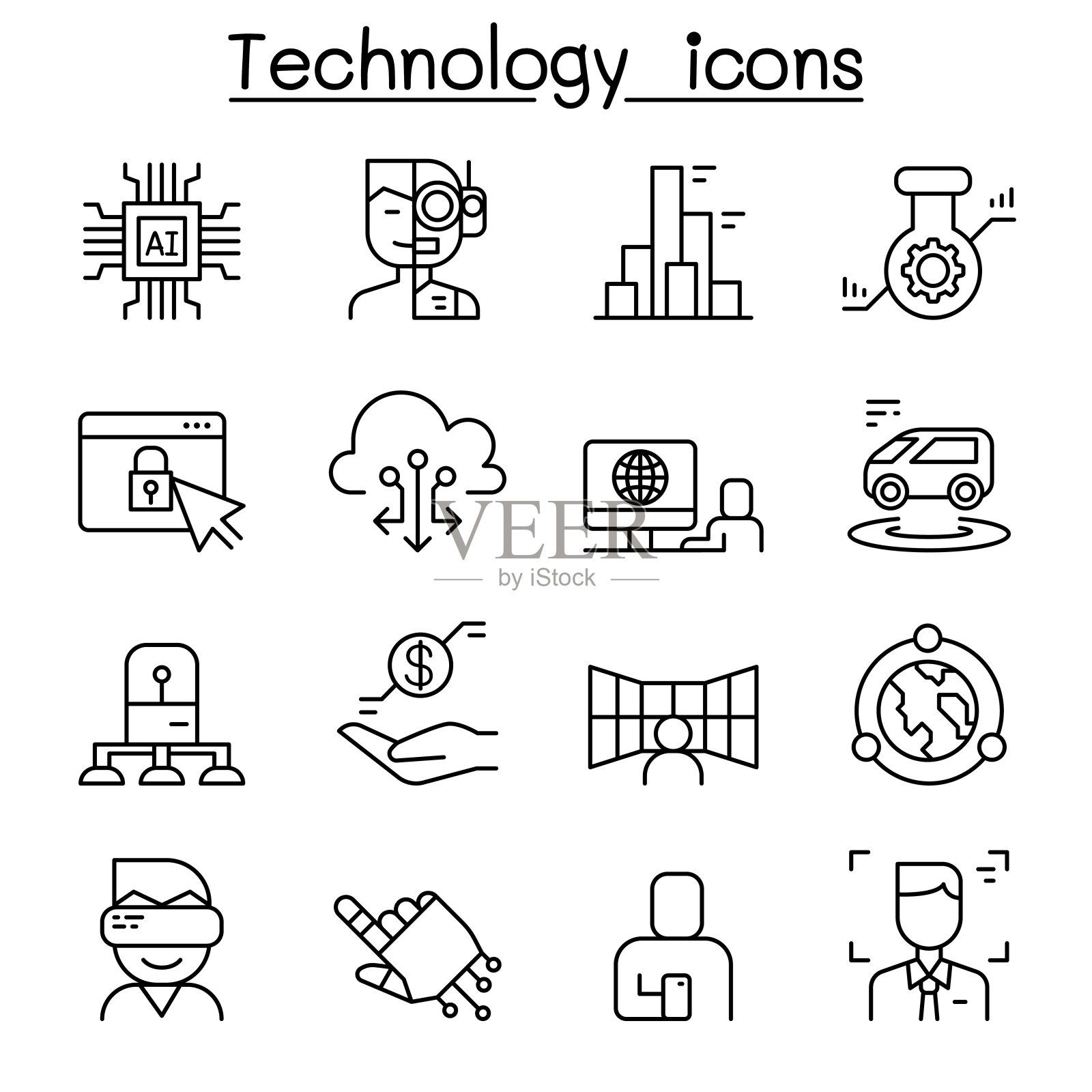 创新，未来科技图标设置在细线风格图标素材