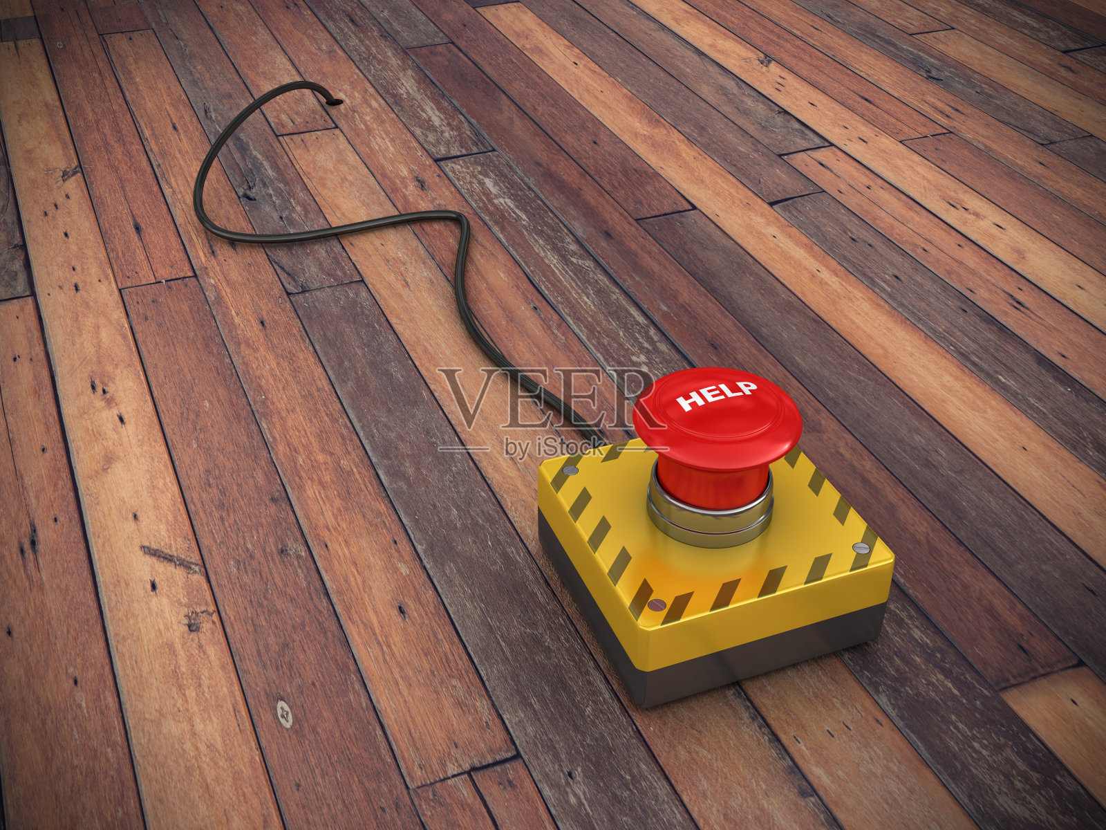 帮助按钮与电缆在木地板- 3D渲染照片摄影图片