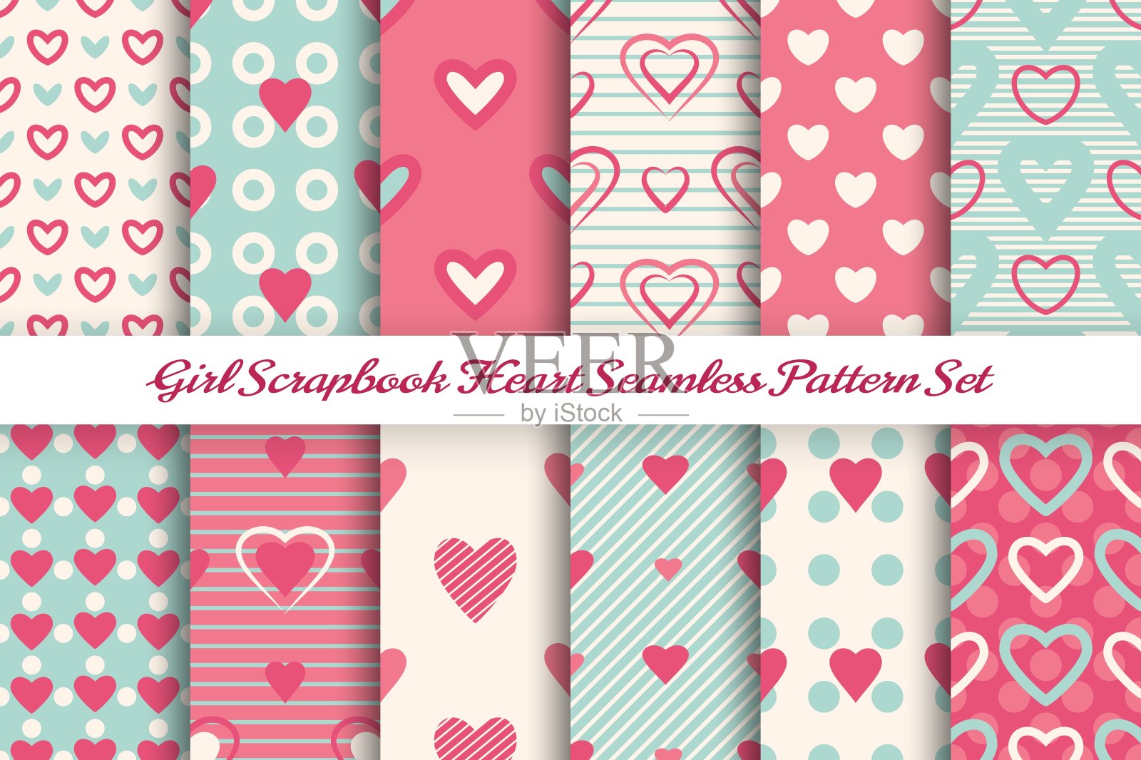 剪贴簿女孩无缝模式集插画图片素材