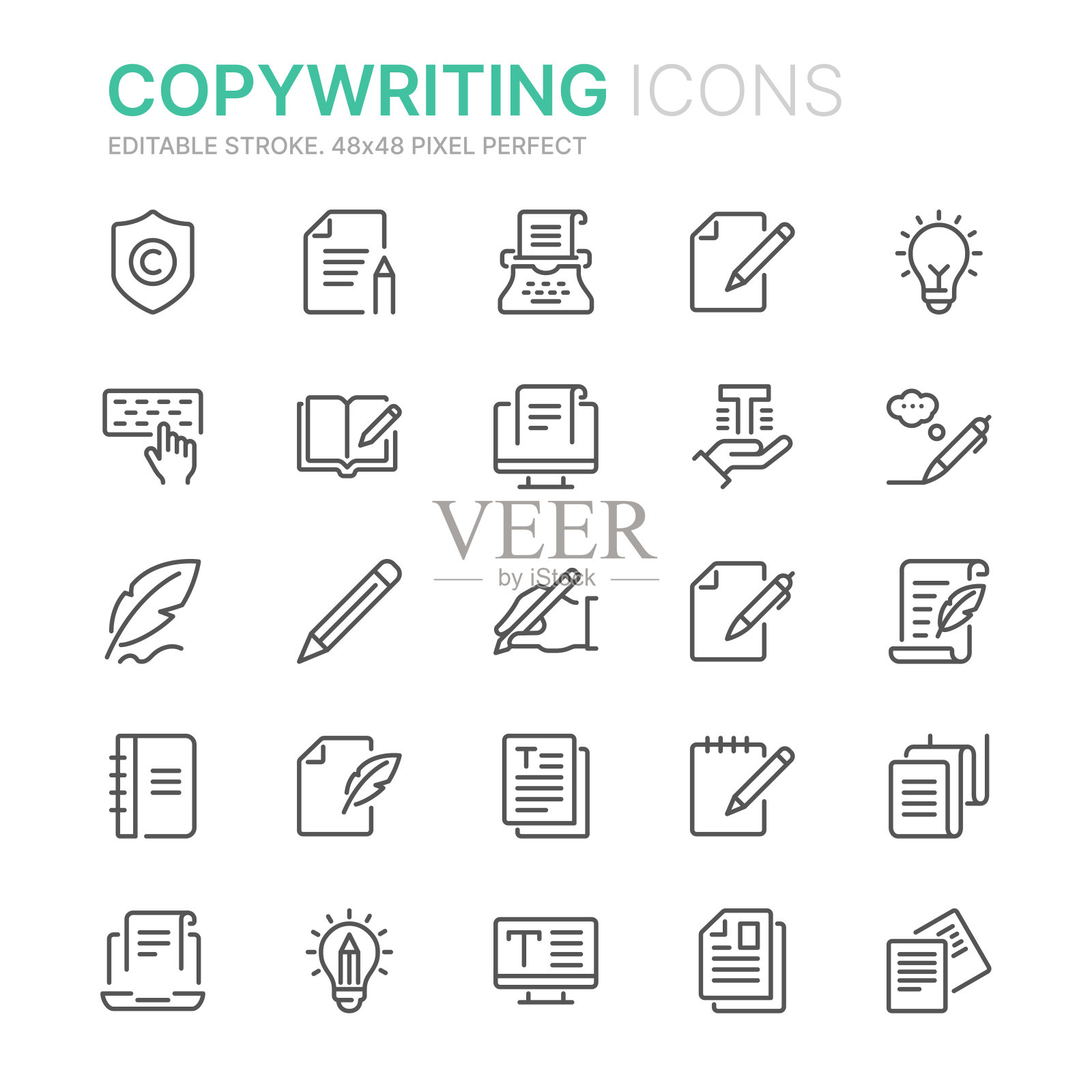 文案相关线条图标的收集。48 x48像素完美。可编辑的中风图标素材