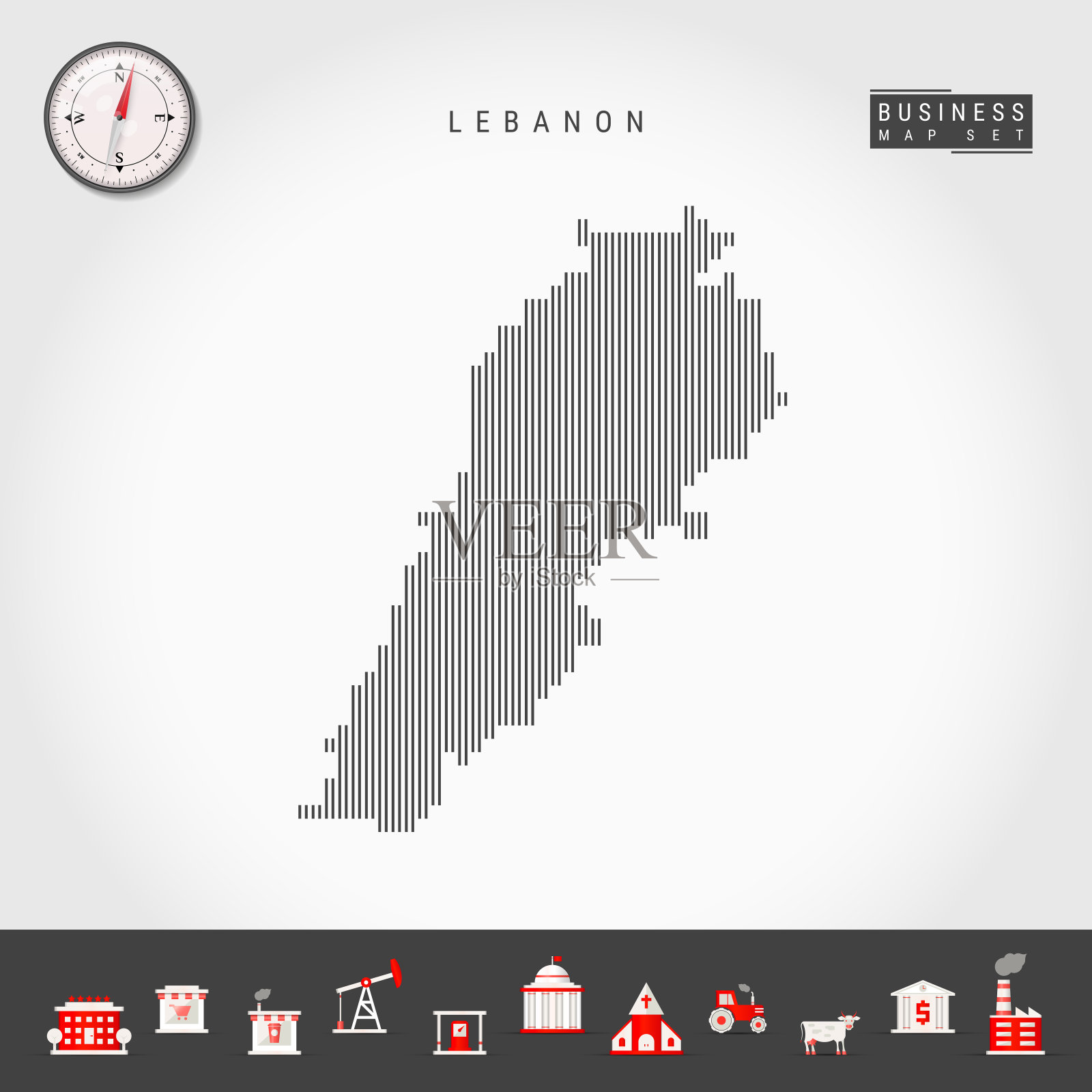 黎巴嫩矢量垂直线地图。黎巴嫩的条纹剪影。现实的指南针。业务图标插画图片素材